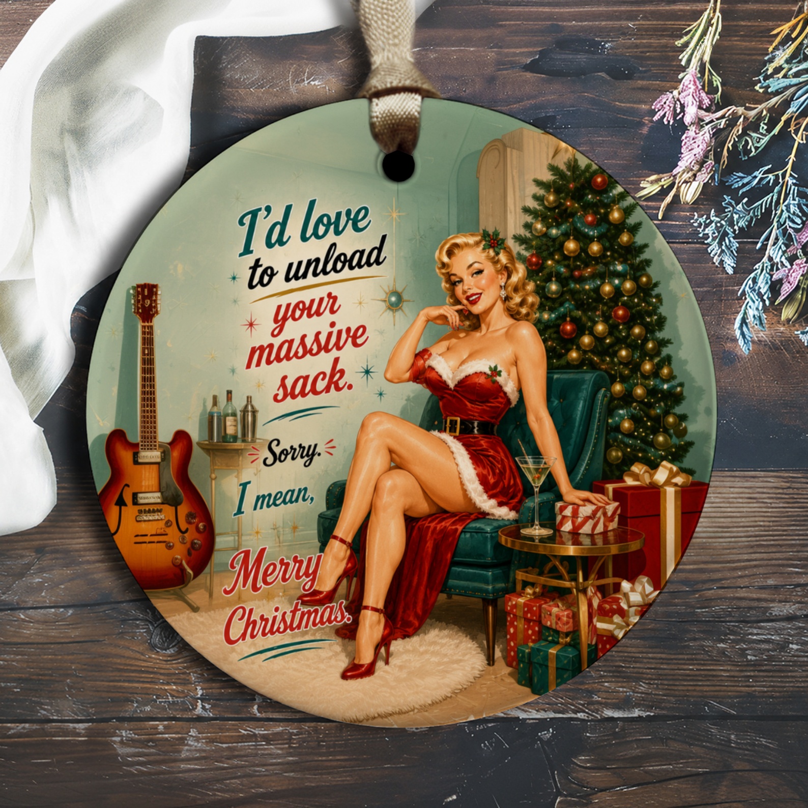 I'd Love To Unload Your Massive Sack Funny Christmas Ornament Pin-Up Style Holiday Decor Retro O1680