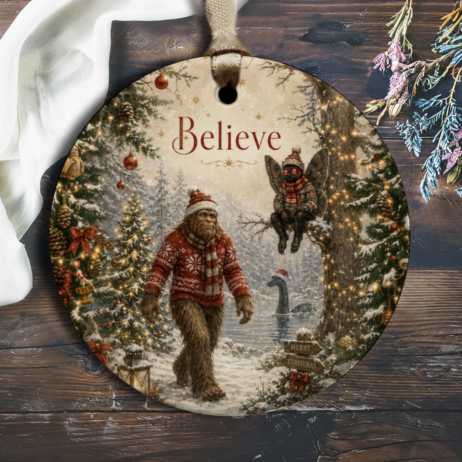 Believe Christmas Ornament Bigfoot And Fairy Scene Holiday Decor Festive Tree Decoration Winter Wonderland Gift O1683