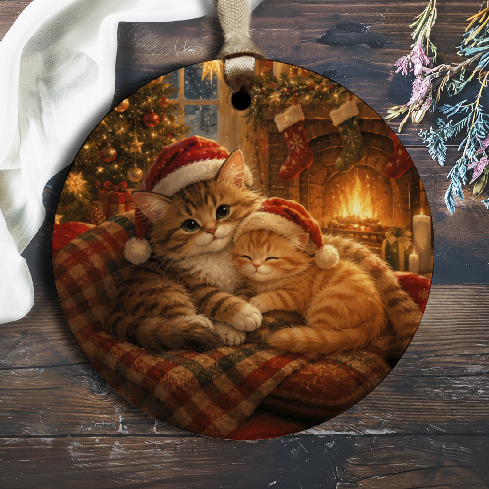 Christmas Ornament Cute Cats In Santa Hats Cozy Fireplace Holiday Decor Festive Tree Decoration For Cat Lovers O1684