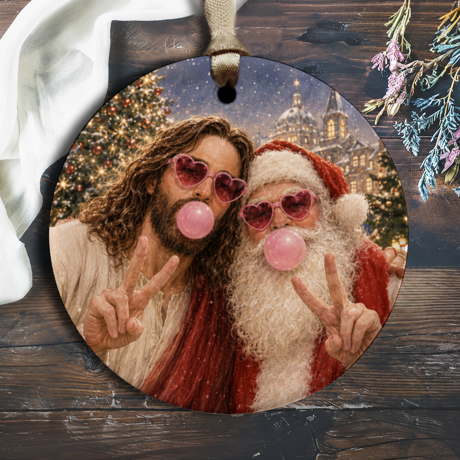 Santa And Friend Christmas Ornament Heart Sunglasses Fun Holiday Decor Festive Tree Decoration Unique Gift Idea O1689