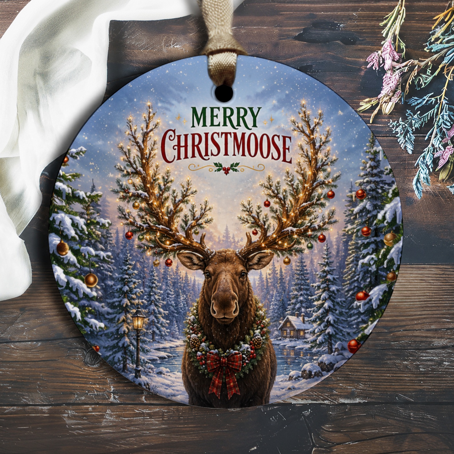 Merry Christmoose Christmas Ornament Moose With Decorated Antlers Holiday Decor Winter Wonderland Scene O1622