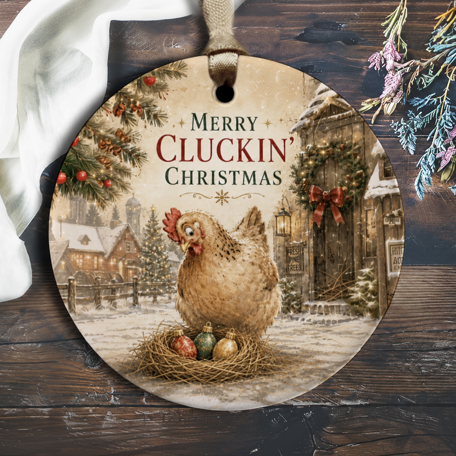 Merry Cluckin' Christmas Ornament Funny Chicken Holiday Decor Farmhouse Style Christmas Tree Decoration Rustic O1624