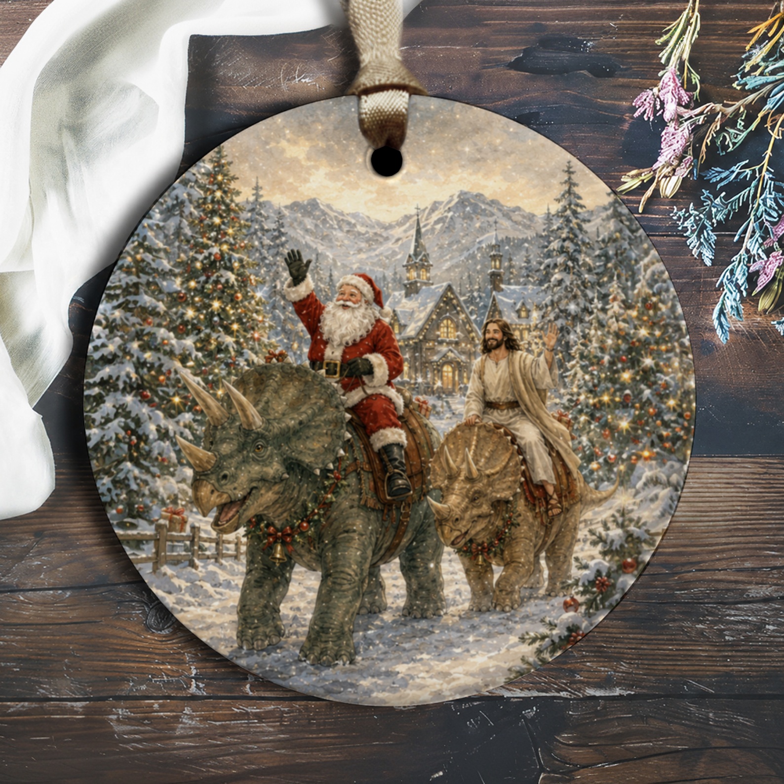 Santa And Jesus On Dinosaurs Christmas Ornament Holiday Decor Unique Festive Tree Decoration Winter Wonderland Scene O1634