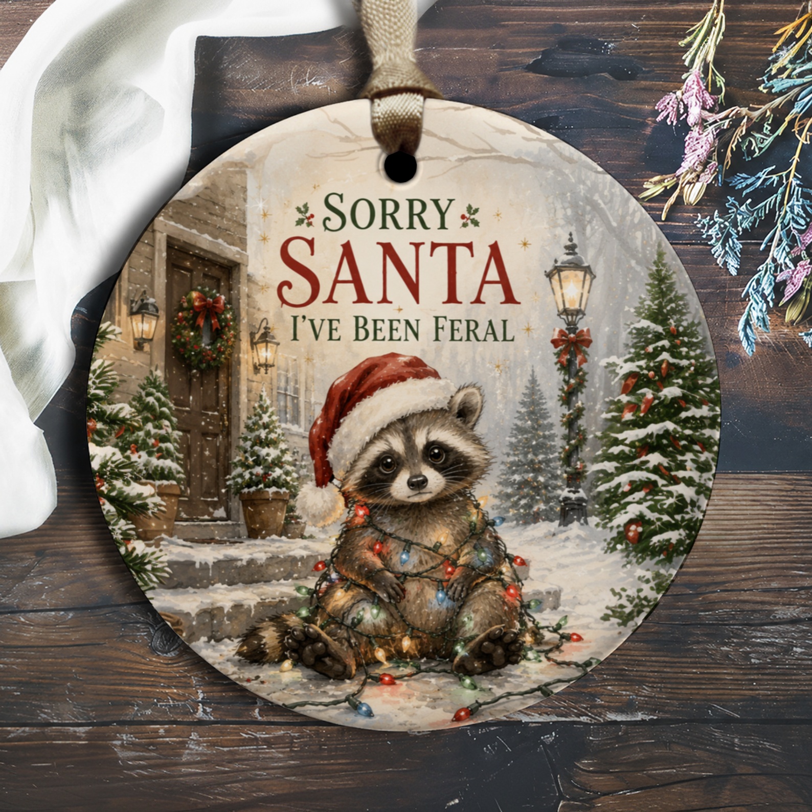 Sorry Santa I've Been Feral Christmas Ornament Cute Raccoon Holiday Decor Funny Animal Winter Decoration Gift O1640