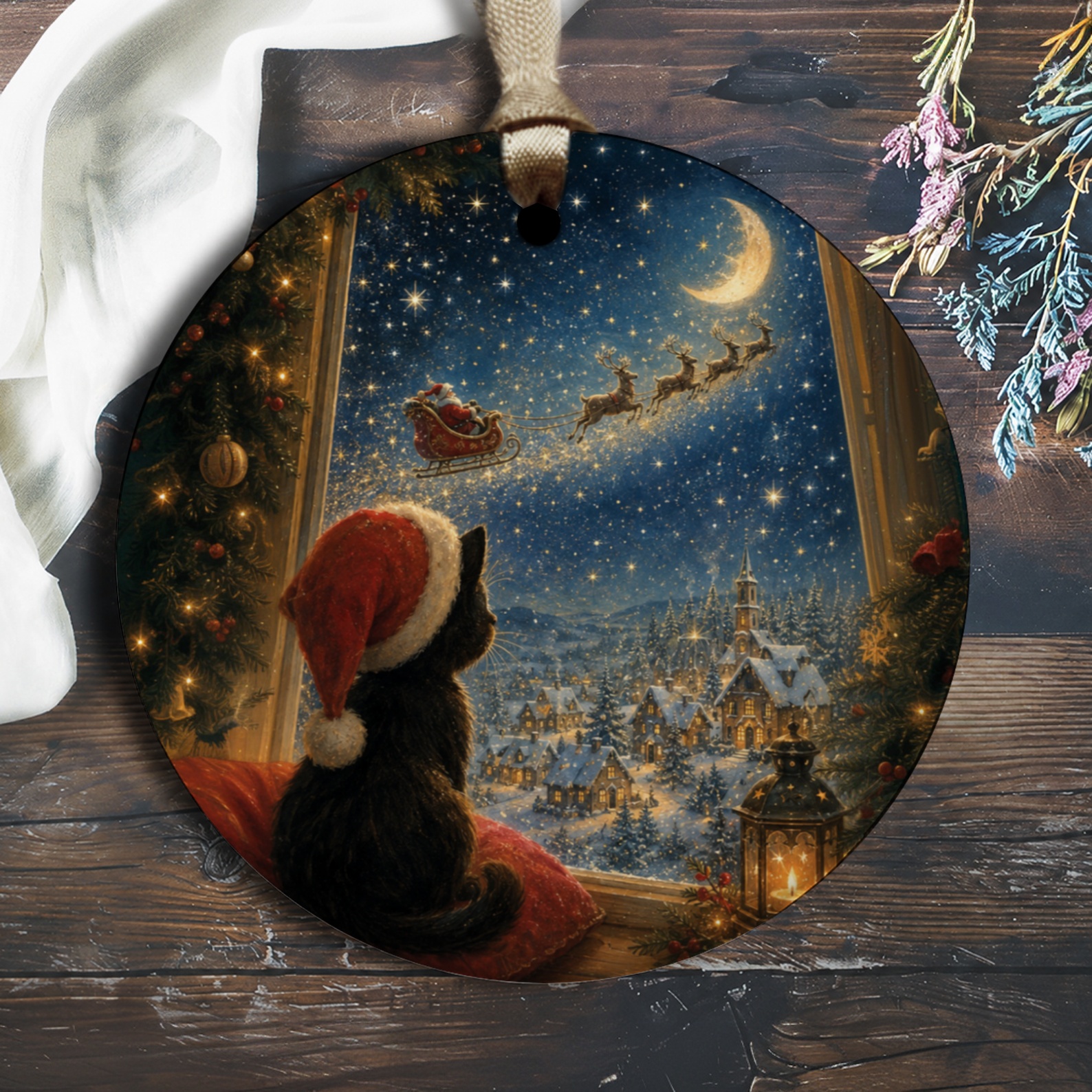Cat Watching Santa Sleigh Christmas Ornament Festive Holiday Decor Cute Winter Scene For Cat Lover Cozy Home Decoration O1694