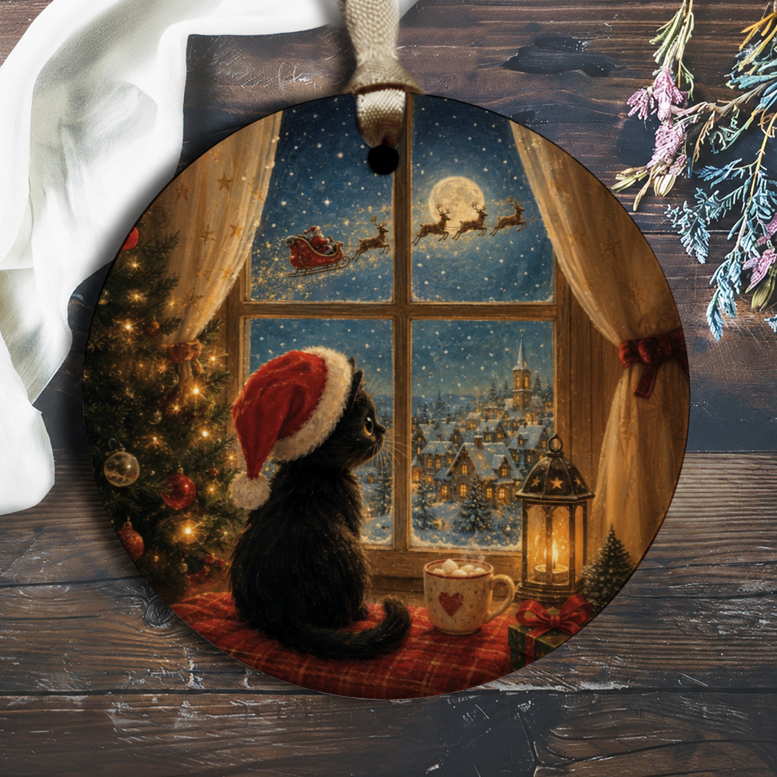 Cat In Santa Hat Christmas Ornament Cute Holiday Decor Winter Scene Festive Tree Decoration Gift For Cat Lovers O1695
