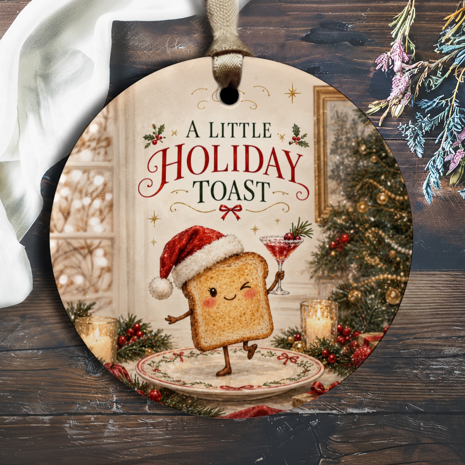 A Little Holiday Toast Christmas Ornament Cute Toast With Santa Hat Festive Holiday Decor Funny Xmas Tree Decoration O1644