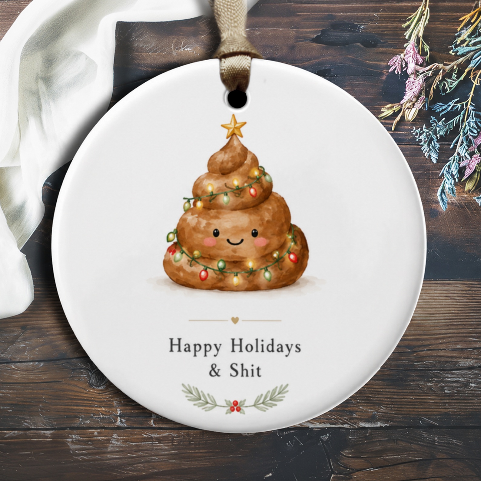 Happy Holidays & Shit Funny Christmas Ornament Cute Poop Emoji With Lights Holiday Decor Gag Gift For Friends O1646