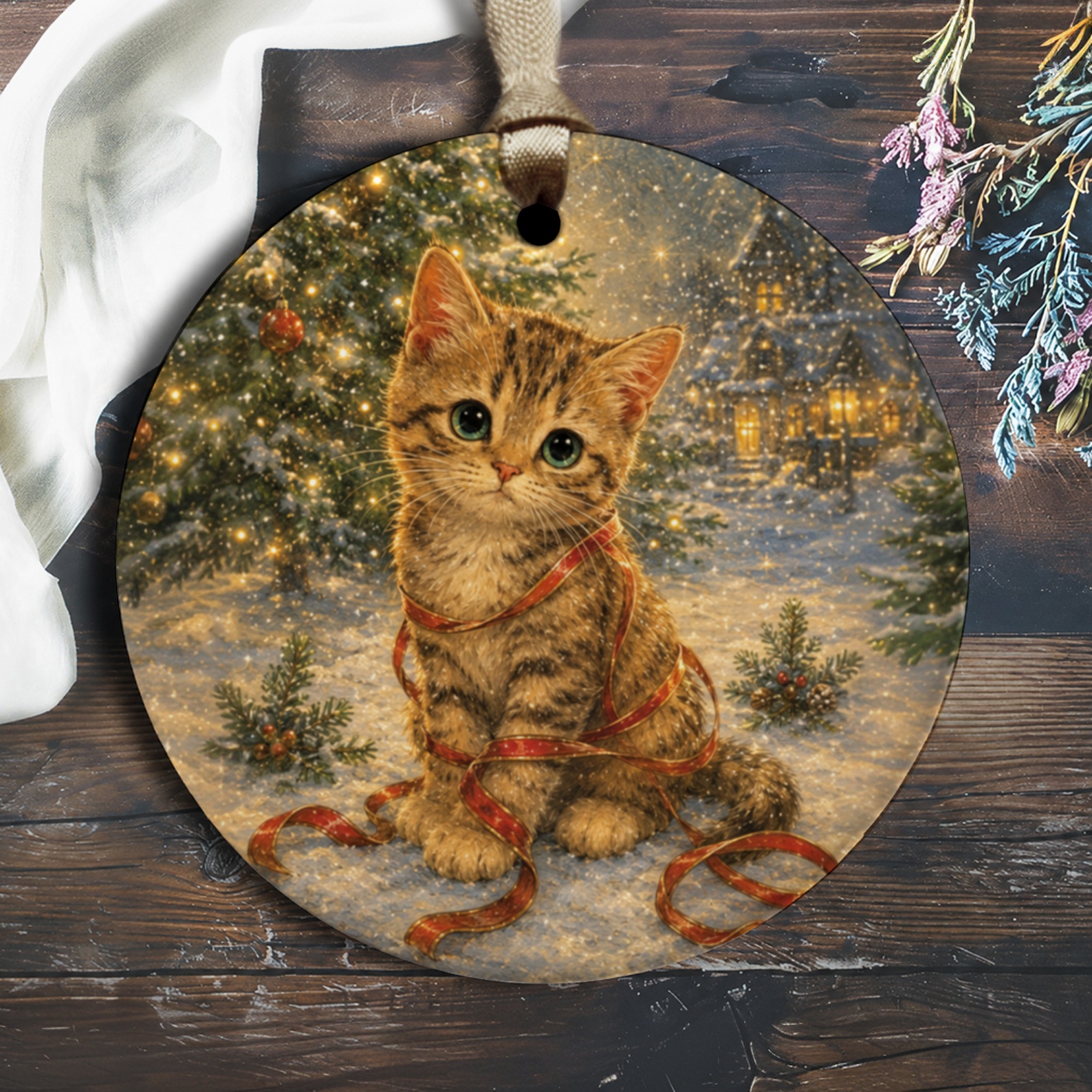 Cute Kitten Christmas Ornament Holiday Decor Cat Lover Gift Festive Tree Decoration Adorable Pet Ornament Winter Scene O1661