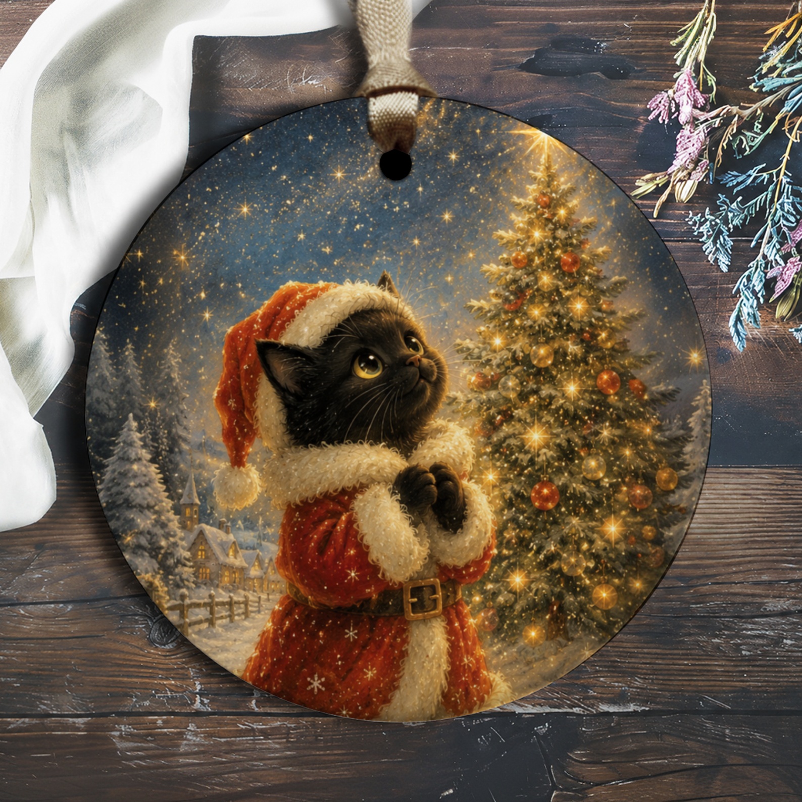 Black Cat Christmas Ornament Cute Santa Kitten Holiday Decor Festive Tree Decoration For Cat Lovers Winter Wonderland O1674