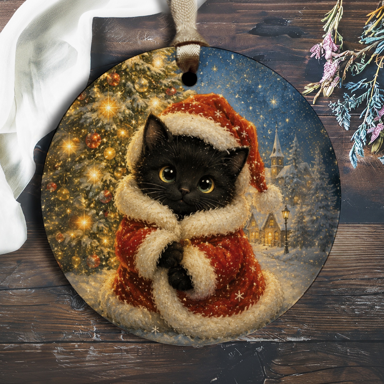 Black Cat In Santa Outfit Christmas Ornament Cute Holiday Decor For Cat Lovers Festive Tree Decoration Winter Wonderland O1675