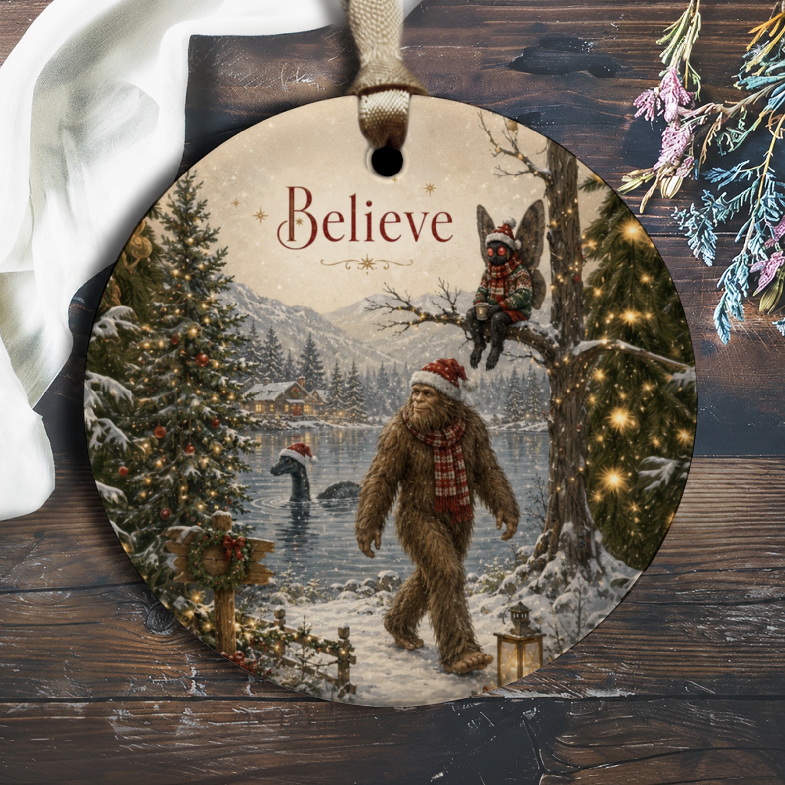 Believe Christmas Ornament Bigfoot Mothman Winter Scene Holiday Decor Festive Tree Decoration Unique Gift Idea O1682