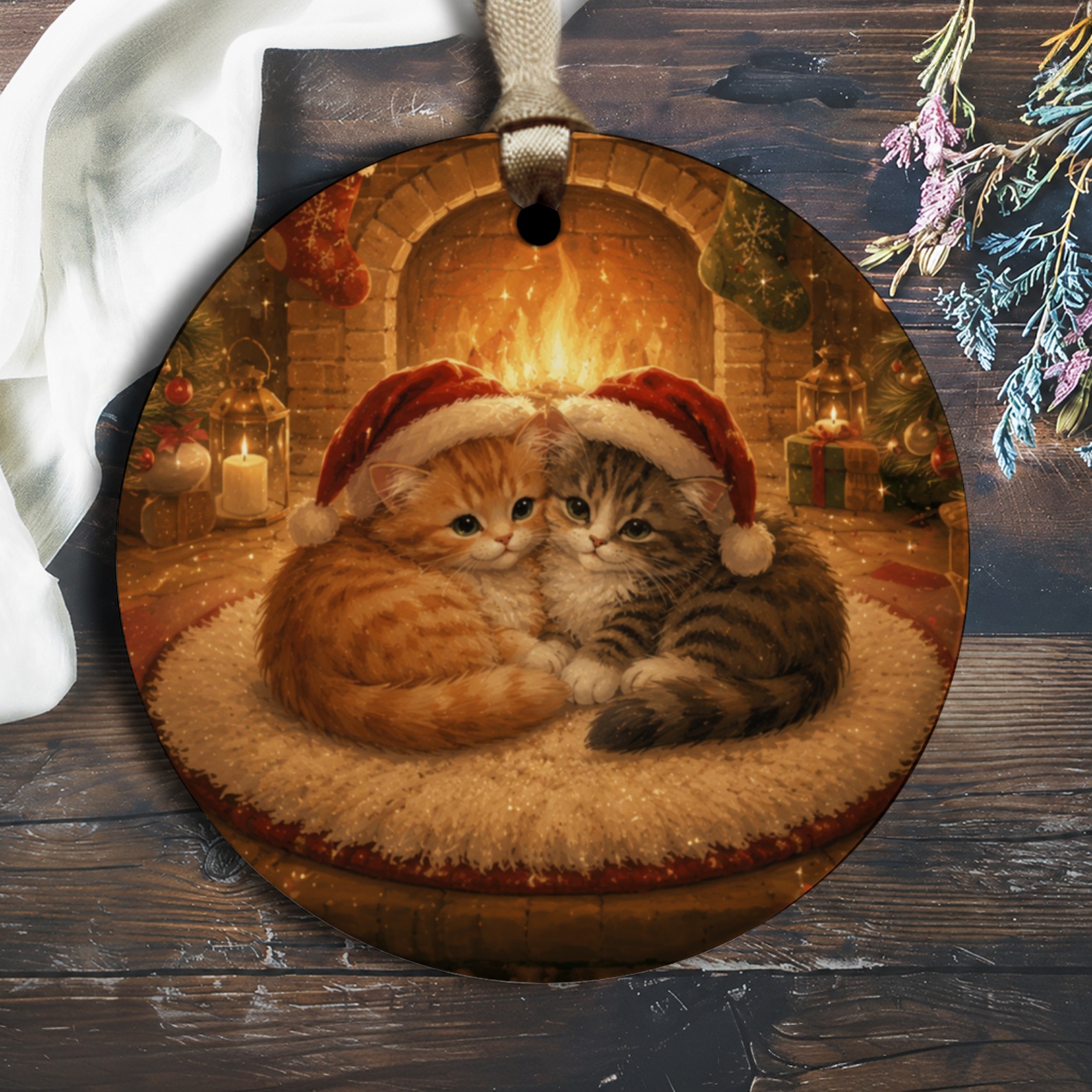 Christmas Kittens Ornament Cute Cat Holiday Decor Cozy Fireplace Scene Festive Christmas Tree Decoration For Cat Lovers O1685