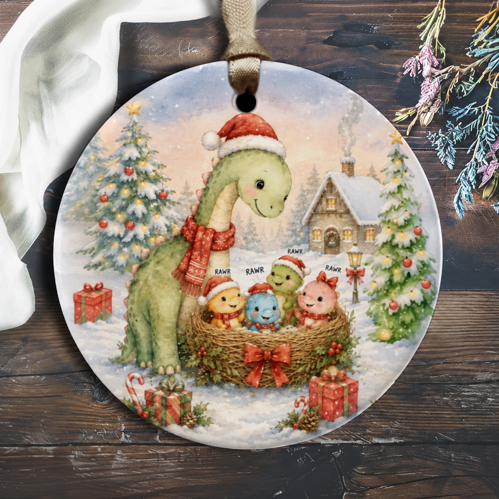 Rawr Dinosaur Family Christmas Ornament Cute Holiday Decor Winter Scene Festive Tree Decoration Gift For Kids O1687