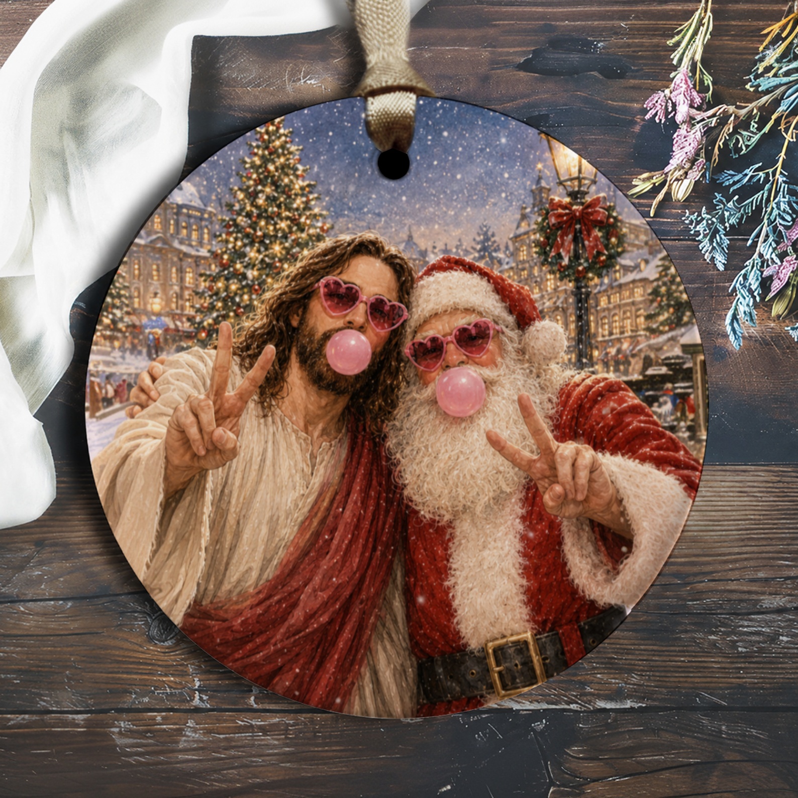 Santa And Jesus Ornament Funny Christmas Decor Heart Sunglasses Holiday Tree Decoration Unique Gift Idea Festive Home Accent O1688