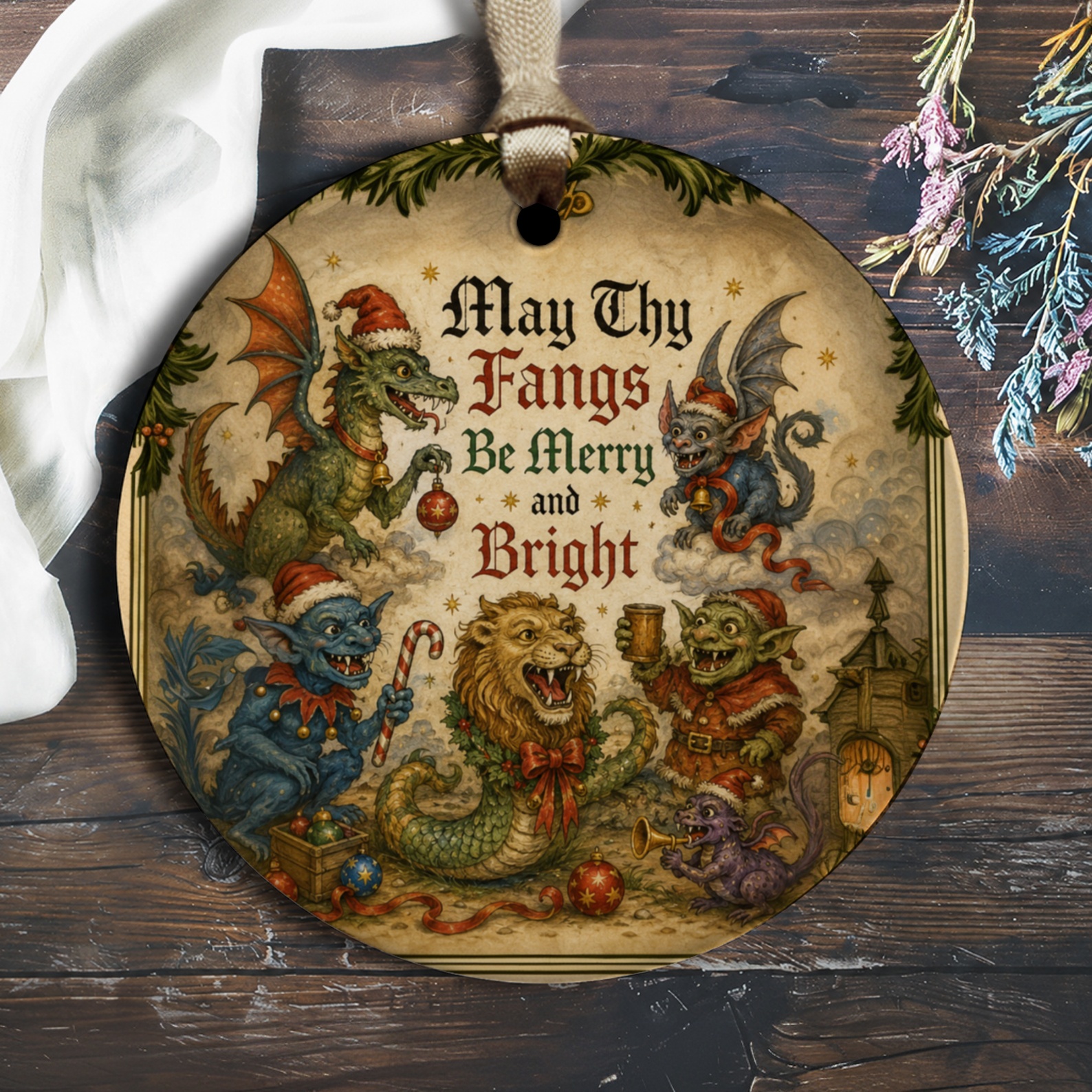 May Thy Fangs Be Merry And Bright Christmas Ornament Fantasy Creatures Holiday Decor Gothic Festive Decoration O1691