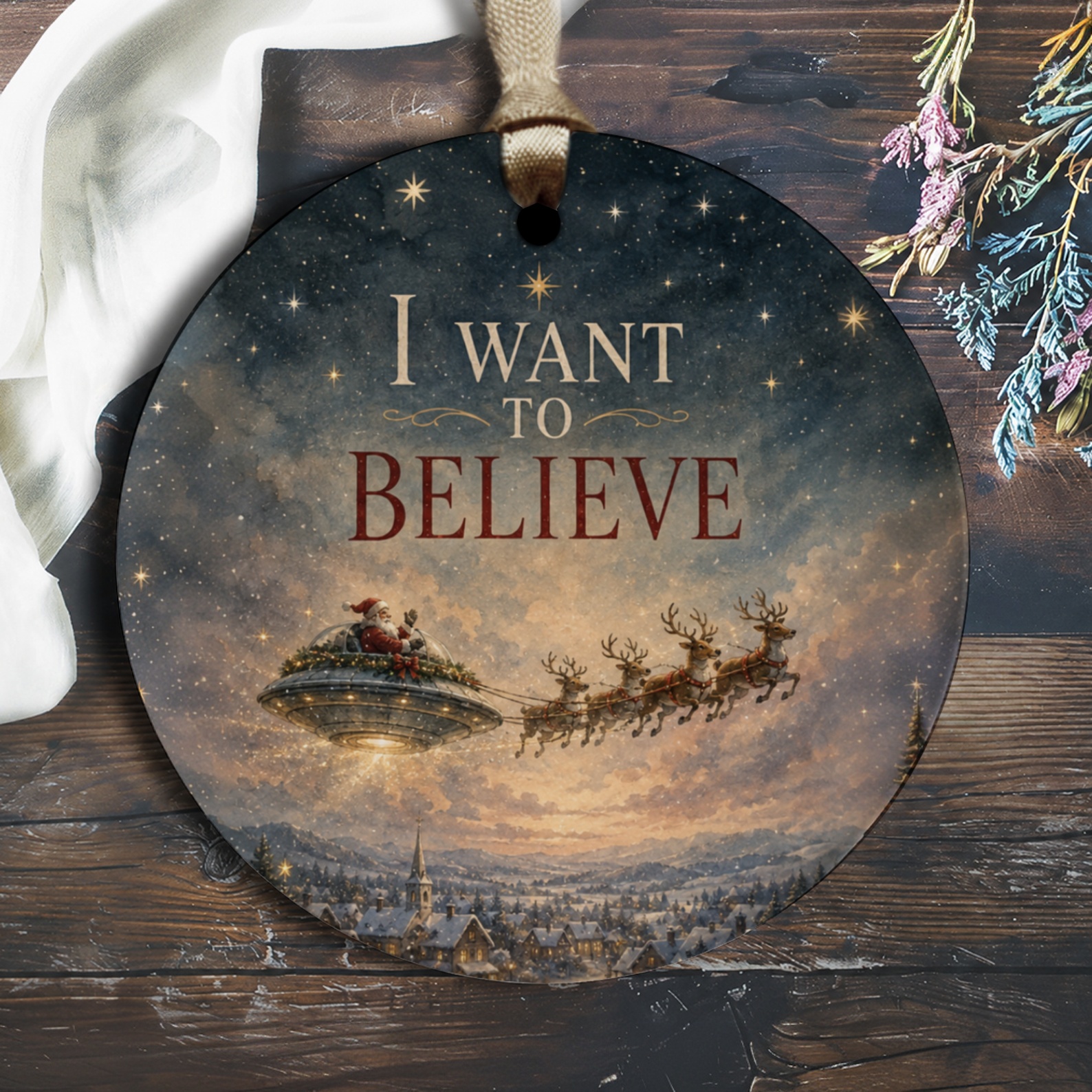 I Want To Believe Christmas Ornament Santa Ufo Reindeer Holiday Decor Funny Festive Decoration Unique Xmas Tree Ornament O1693