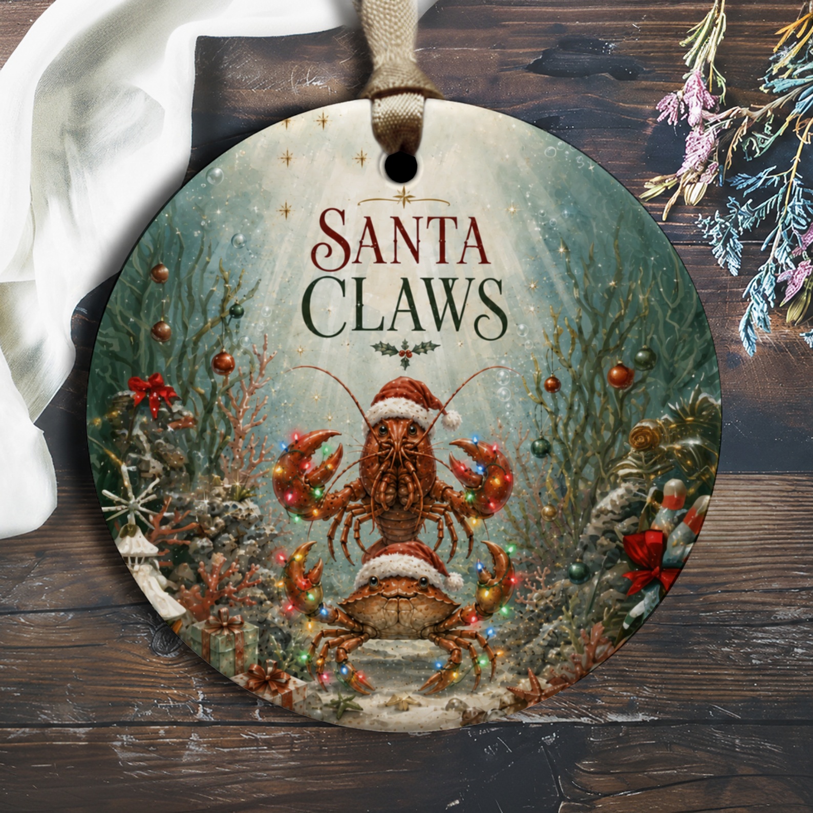 Santa Claws Christmas Ornament Funny Lobster Crab Holiday Decor Underwater Sea Life Festive Nautical Tree Decoration O1703
