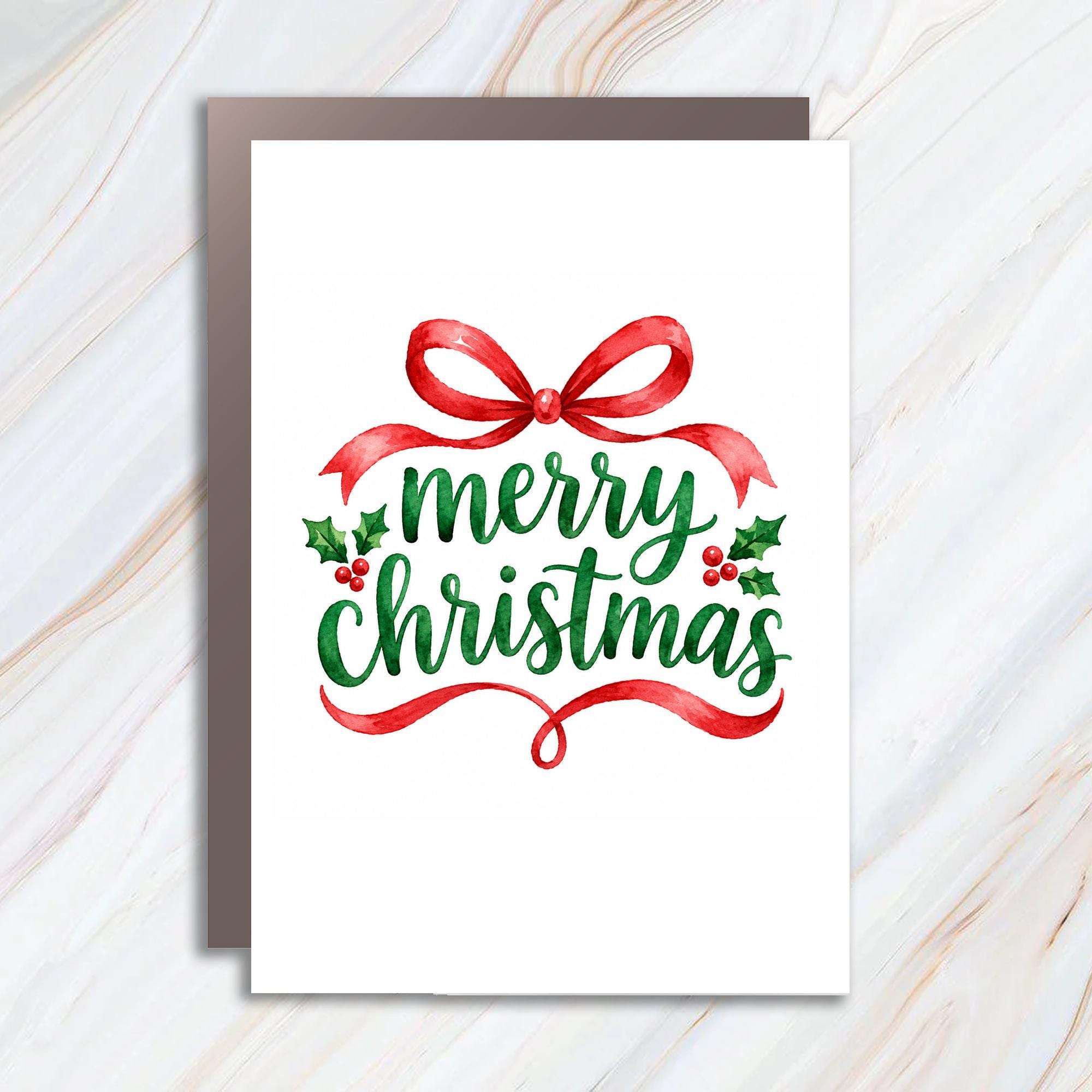 Merry Christmas Watercolor Christmas Card Festive Holiday Greeting Card With Holly And Ribbon For Family Friends C1275