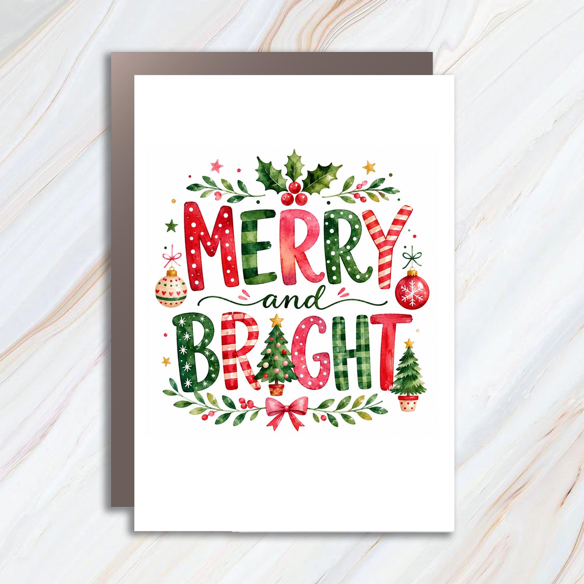 Merry And Bright Christmas Card Festive Holiday Greeting Card Watercolor For Family Friends Seasonal Cheer C1290