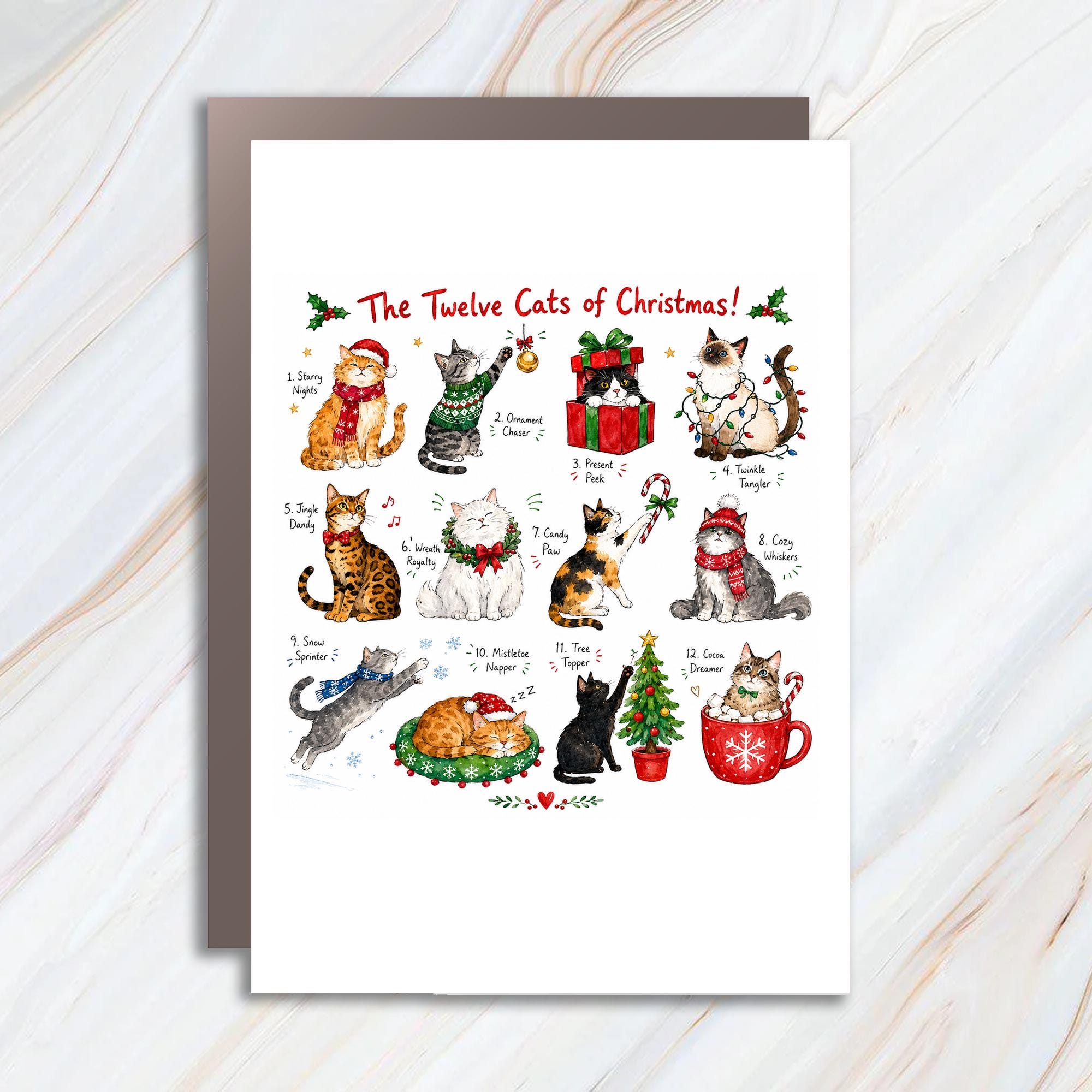 The Twelve Cats Of Christmas! Cute Christmas Card Cat Lover Holiday Greeting Card Festive Feline Art Funny Xmas Card C1277