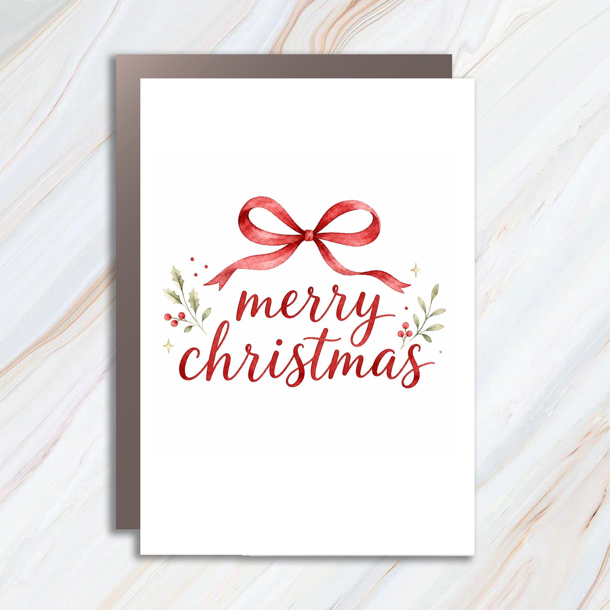 Merry Christmas Card Watercolor Red Bow Holly Festive Holiday Greeting Card For Family Friends Seasonal Xmas Card C1292