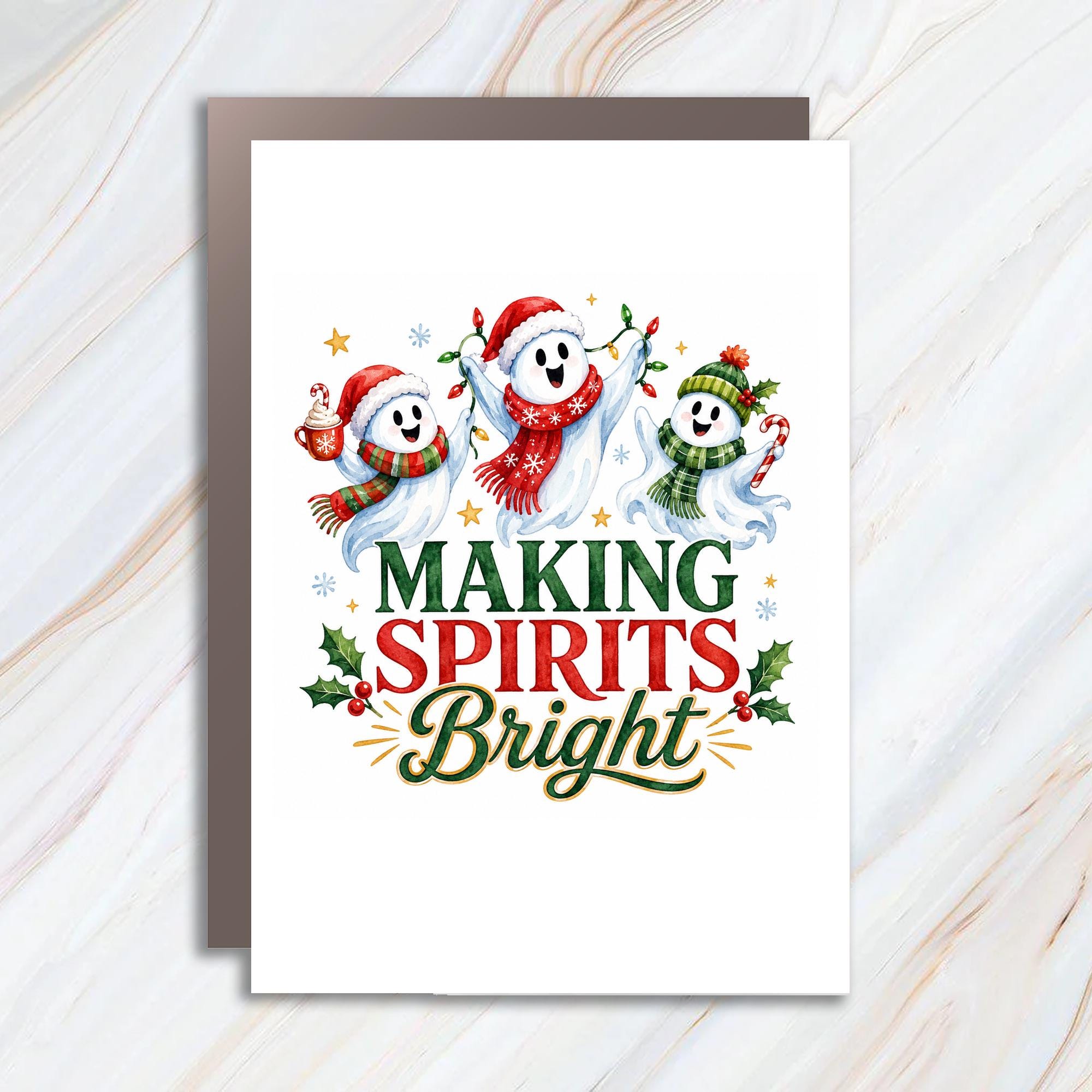 Making Spirits Bright Christmas Card Cute Ghosts Holiday Greeting Card Festive Spirits Brighten Season For Family Friends C1279