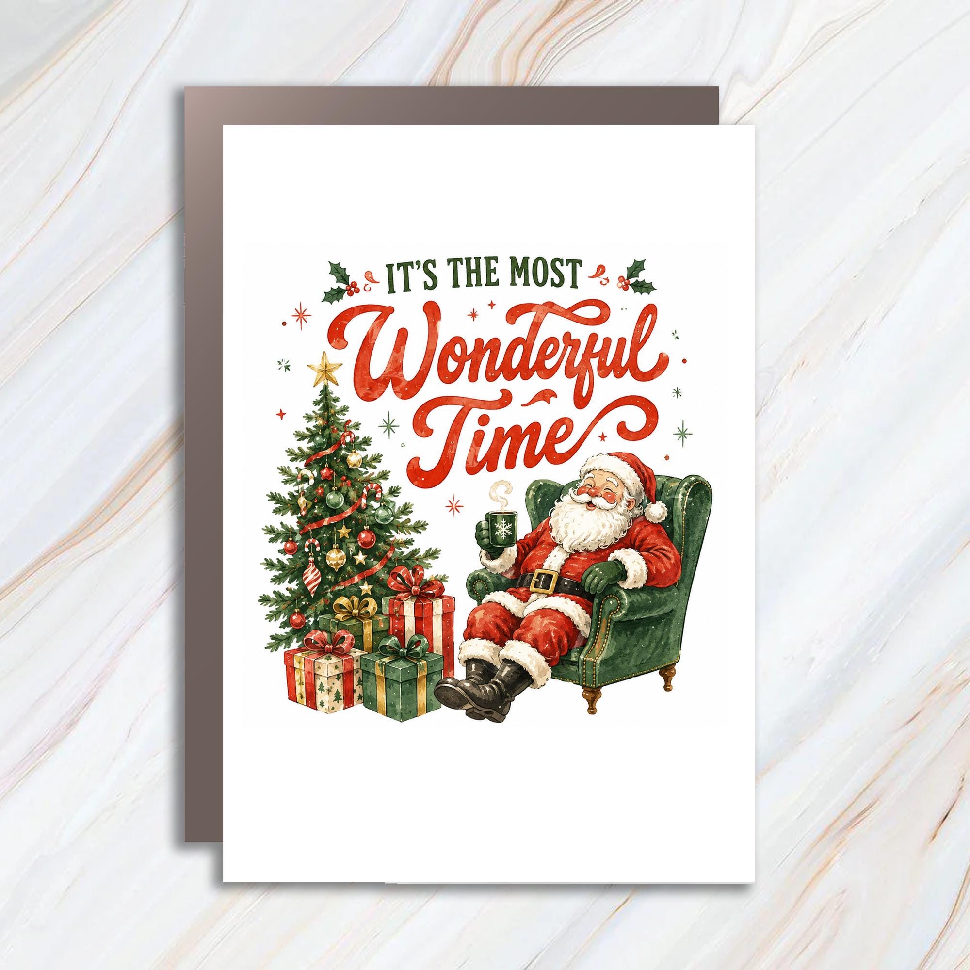 It's The Most Wonderful Time Christmas Card Santa With Tree And Gifts Holiday Greeting Card Festive Season Celebration C1283