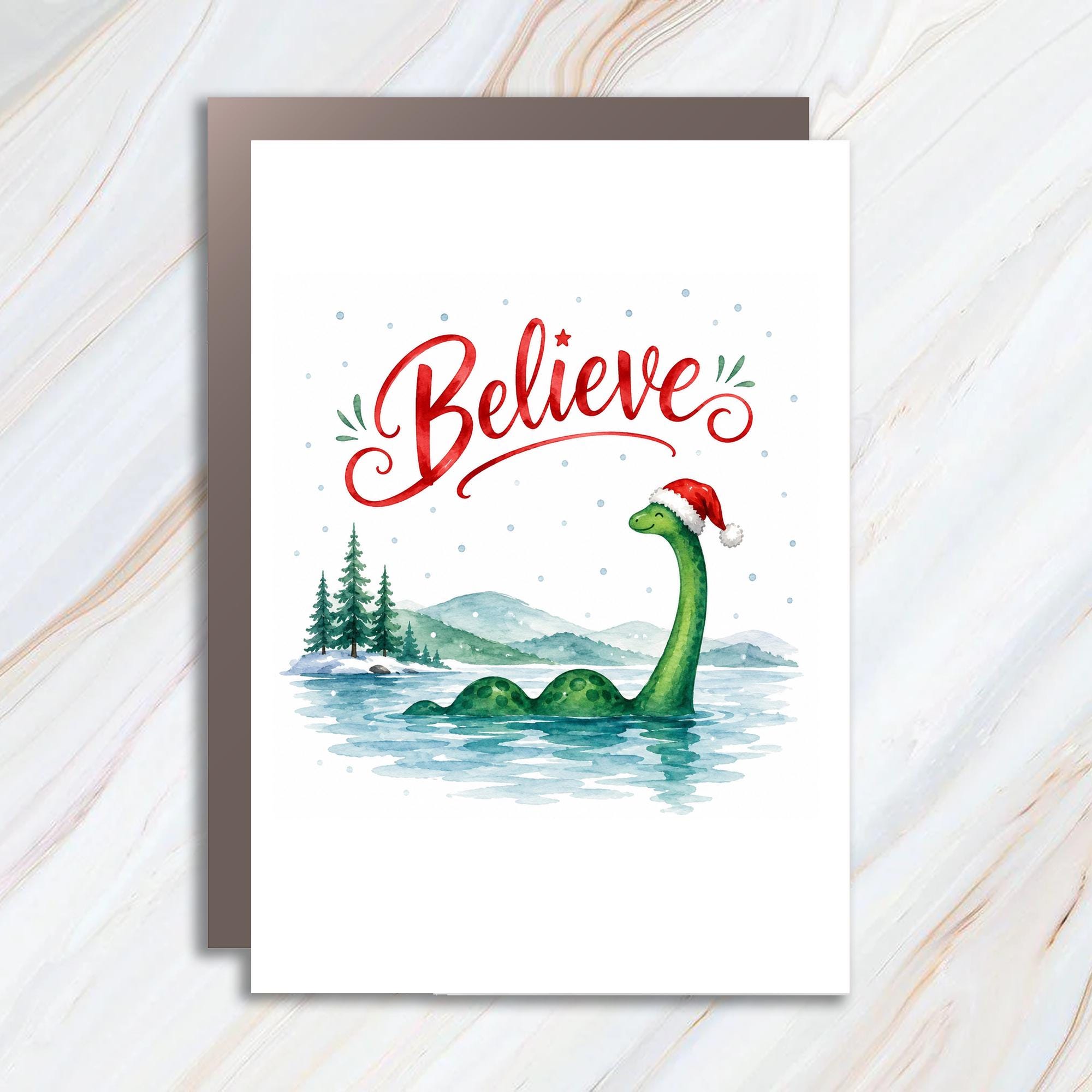 Believe Christmas Card Cute Dinosaur With Santa Hat Festive Holiday Greeting Card For Kids Family Winter Scene C1301