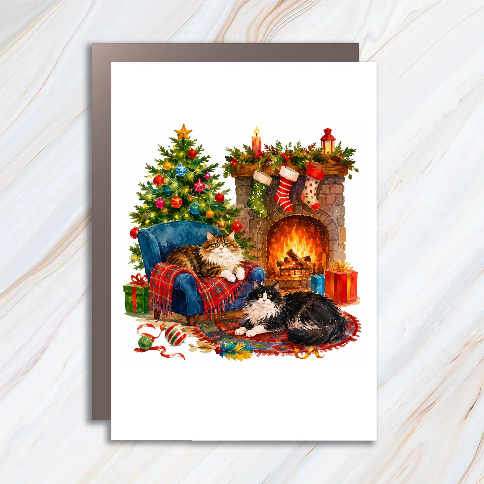 Christmas Cats Greeting Card Cozy Holiday Fireplace Scene Festive Tree Cute Cat Lover Xmas Card For Her Him Family C1284
