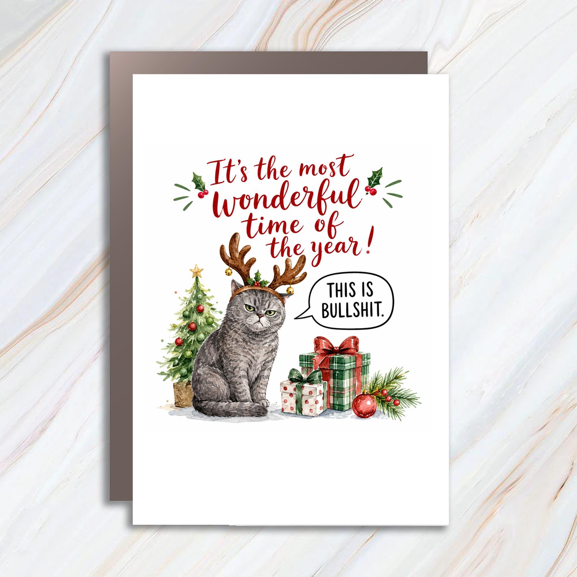 It's The Most Wonderful Time Of The Year! This Is Bullshit Funny Christmas Card Cat With Antlers Holiday For Cat Lovers C1287