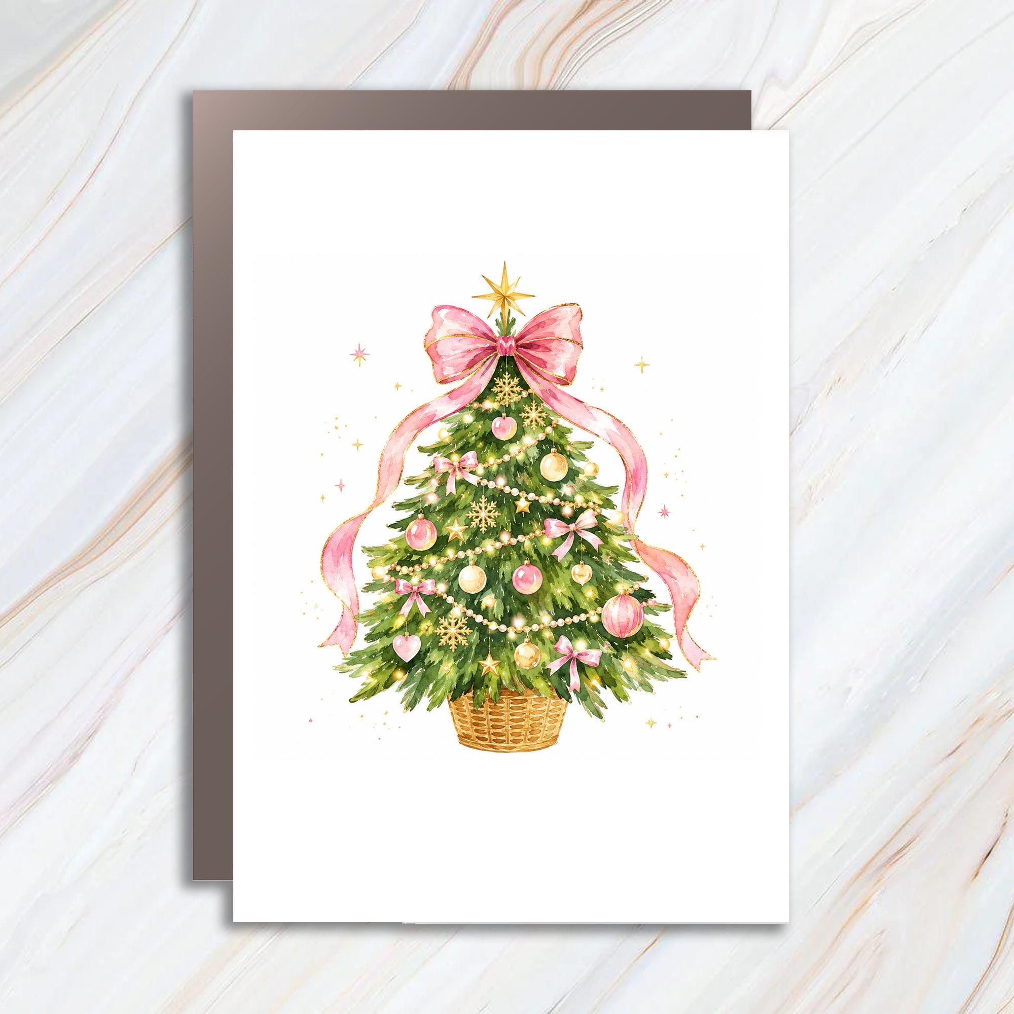 Watercolor Christmas Tree Card Pink Ribbon Holiday Greeting Card Festive Xmas Card For Her Cute Seasonal Art Card C1306