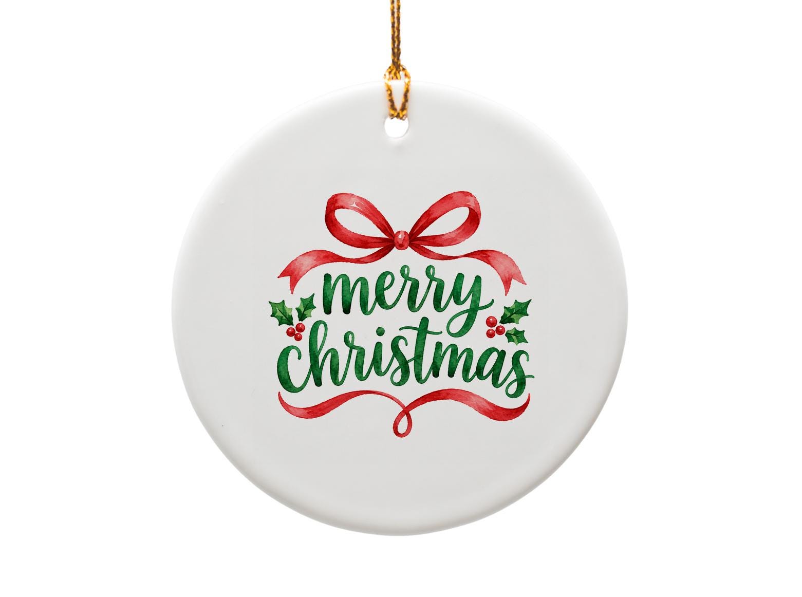 Merry Christmas Watercolor Ornament Holiday Decor Red Ribbon Holly Festive Christmas Tree Decoration Gift Idea O1275