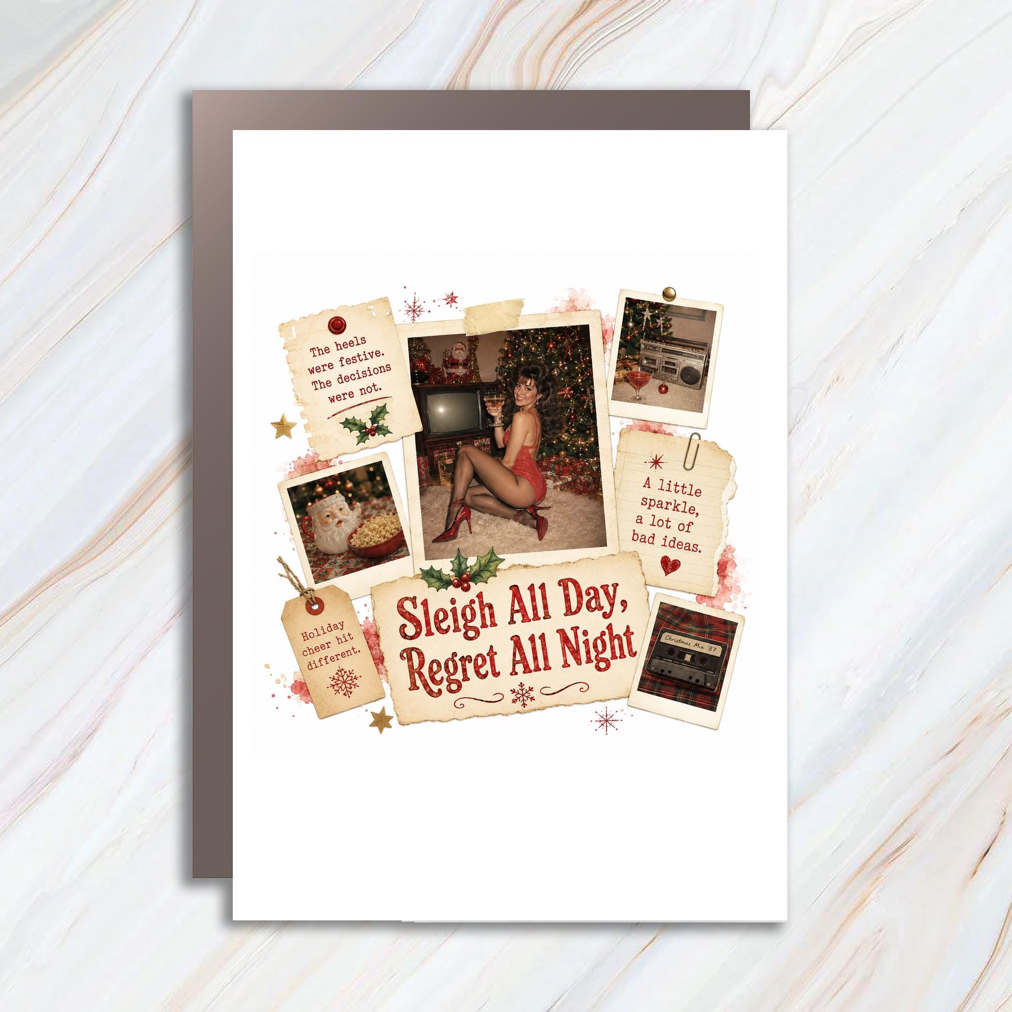 Sleigh All Day, Regret All Night Funny Christmas Card Retro Holiday Festive Greeting Card For Friends Family C1295