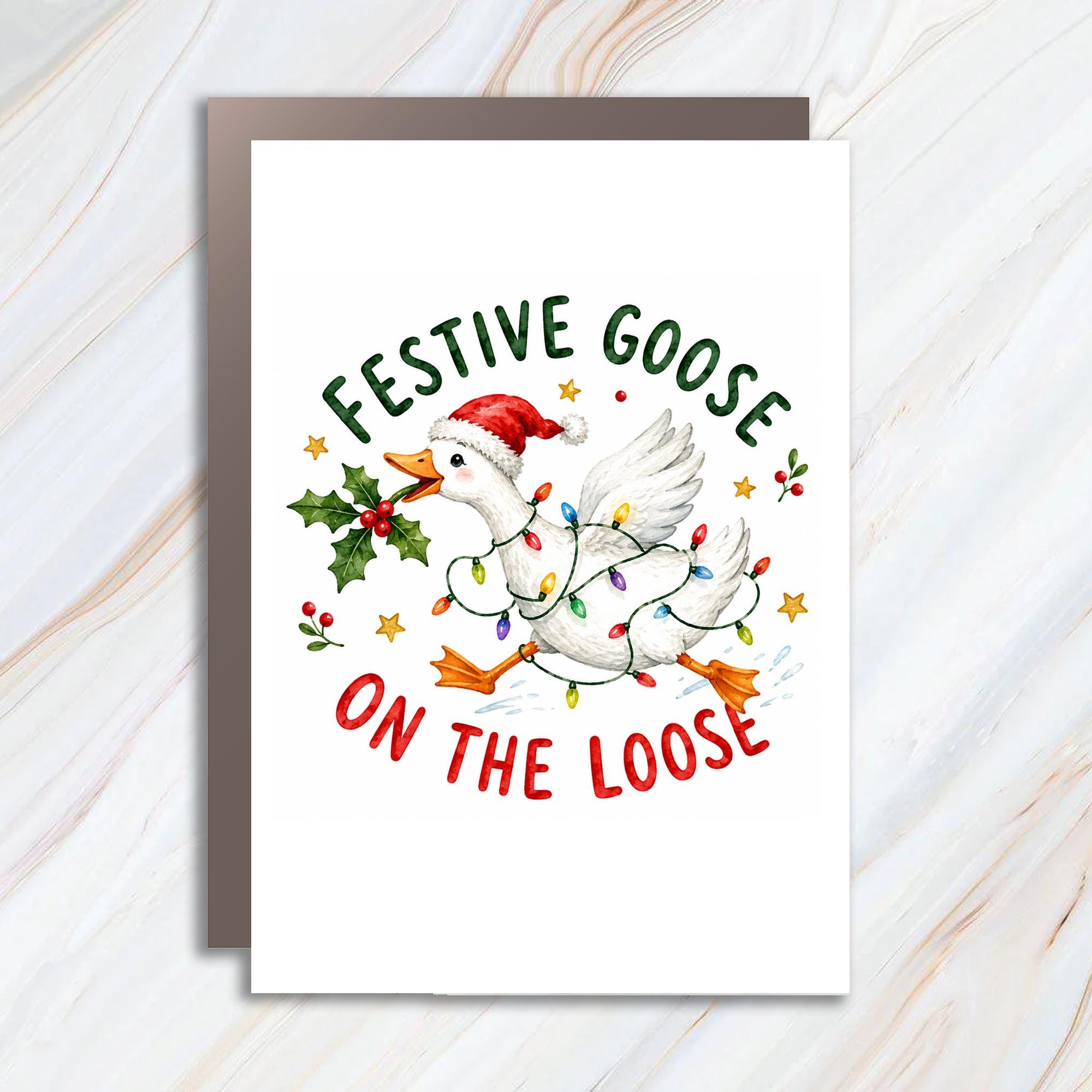 Festive Goose On The Loose Funny Christmas Card Goose With Lights Holiday Greeting Card Cute Animal Pun Card For Friends C1296