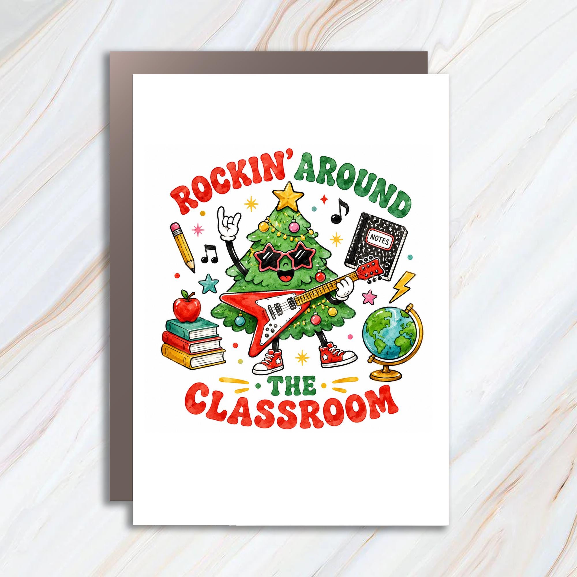 Rockin' Around The Classroom Christmas Card Funny Holiday Greeting Card For Teacher Classroom Decor Cute Xmas Card C1302