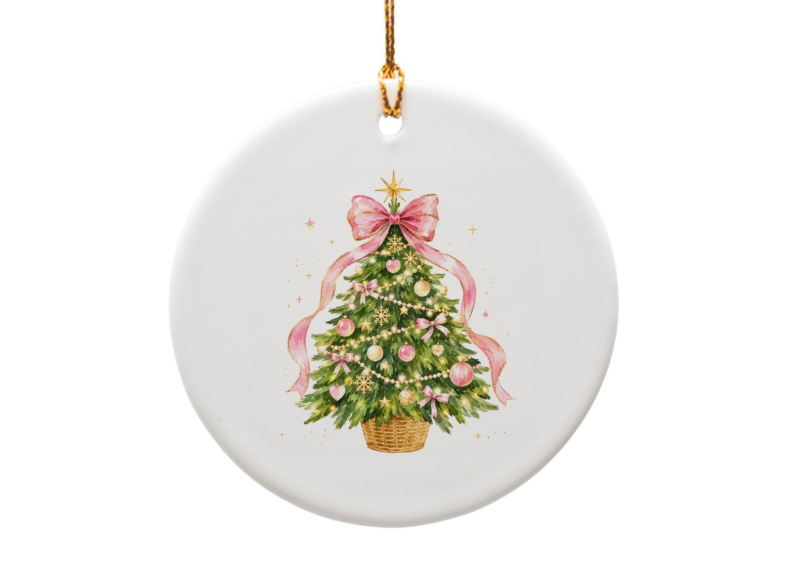 Watercolor Christmas Tree Ornament Pink Ribbon Holiday Decor Festive Tree Decoration Elegant Christmas Ornament Gift O1306