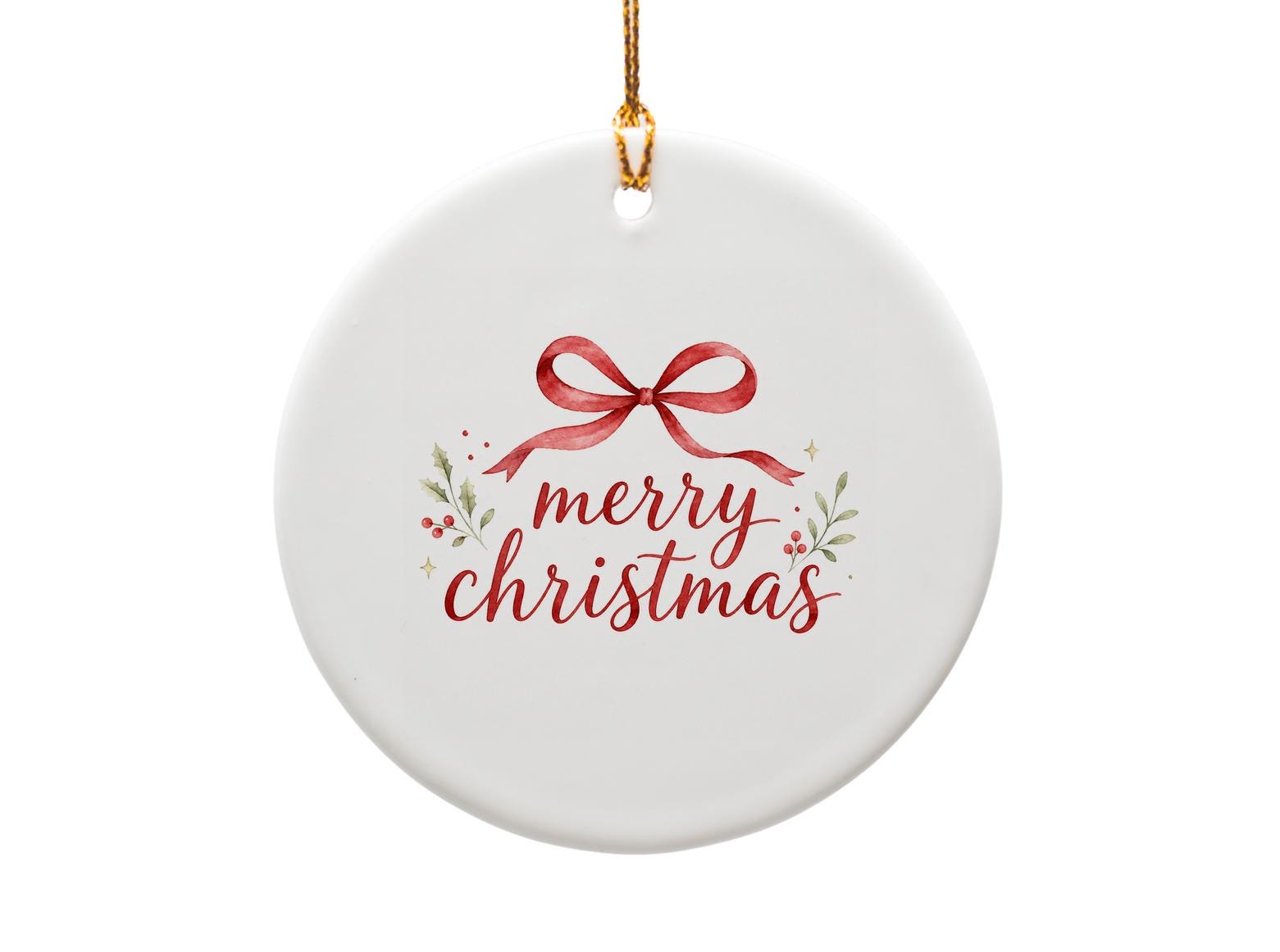Merry Christmas Ornament Watercolor Bow Holly Festive Holiday Decor Xmas Tree Decoration Gift For Her Seasonal Accent O1292