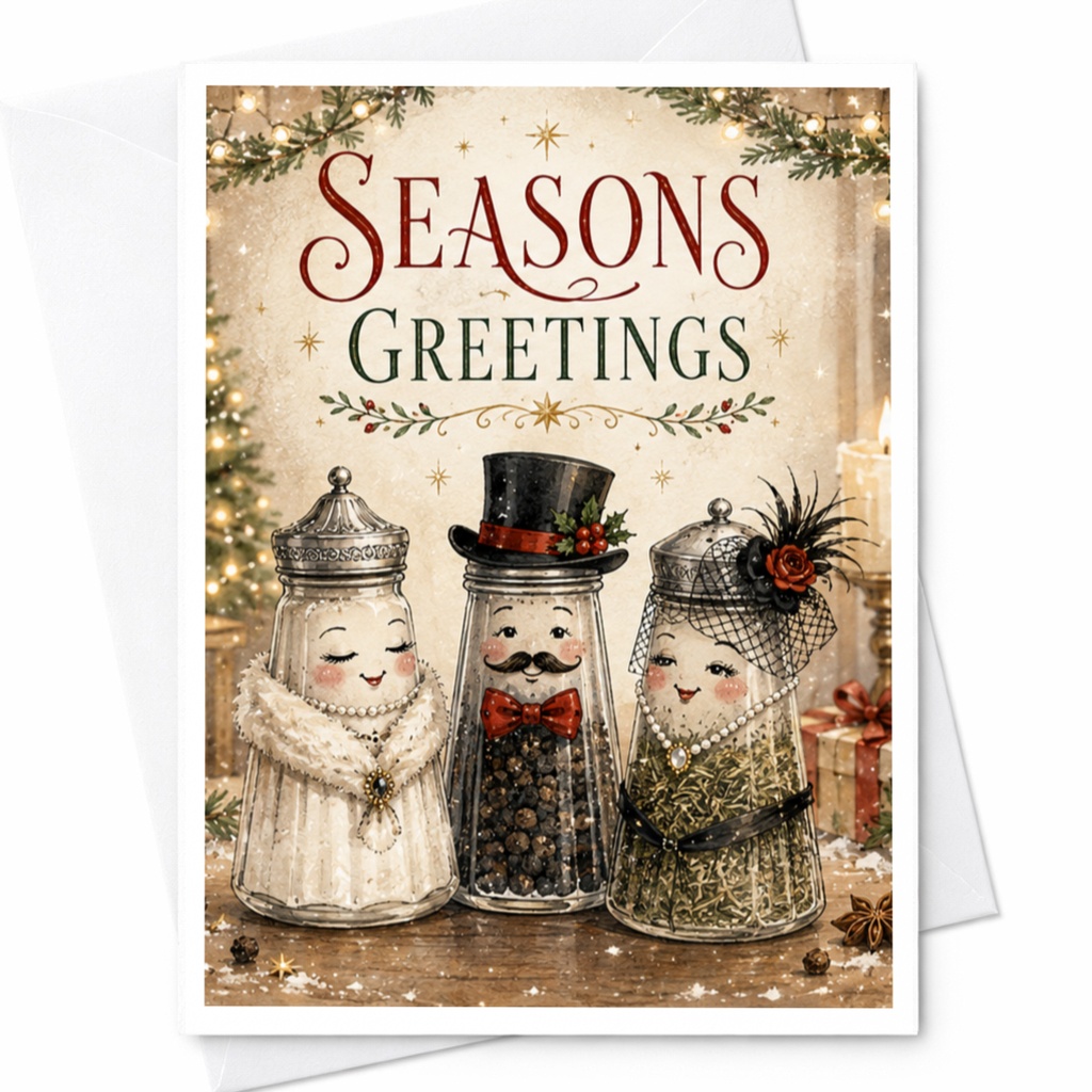 Seasons Greetings Christmas Card Festive Spice Jars Holiday Greeting Card Cute Winter Scene For Family Friends C5832