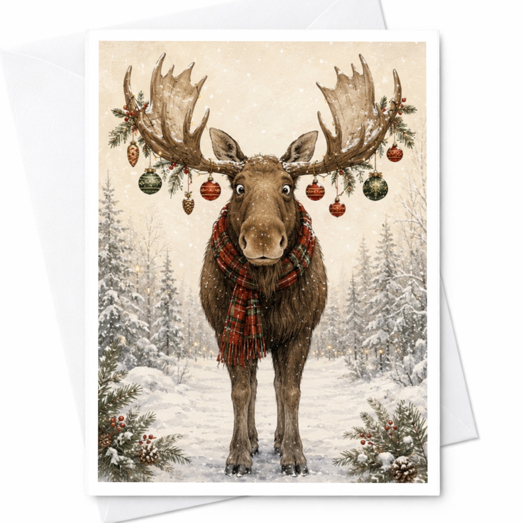 Moose With Ornaments Christmas Card Cute Animal Holiday Greeting Card For Him For Her Funny Winter Scene Festive Card C5833