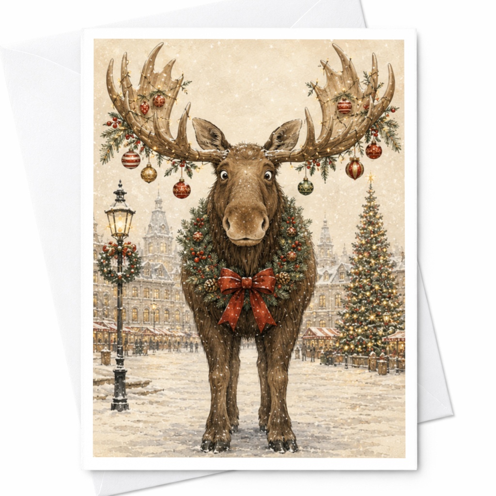 Moose Christmas Card Festive Holiday Greeting Card Cute Animal Card For Him For Her Funny Winter Scene Christmas Card C5834