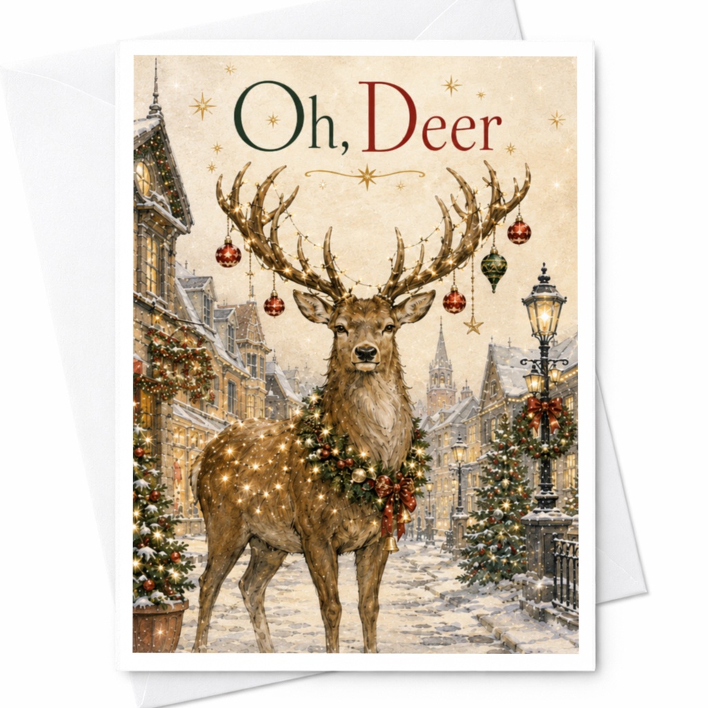 Oh, Deer Christmas Card Festive Holiday Greeting Card Deer With Ornaments Winter Scene For Friends Family Cute Seasonal Card C5841