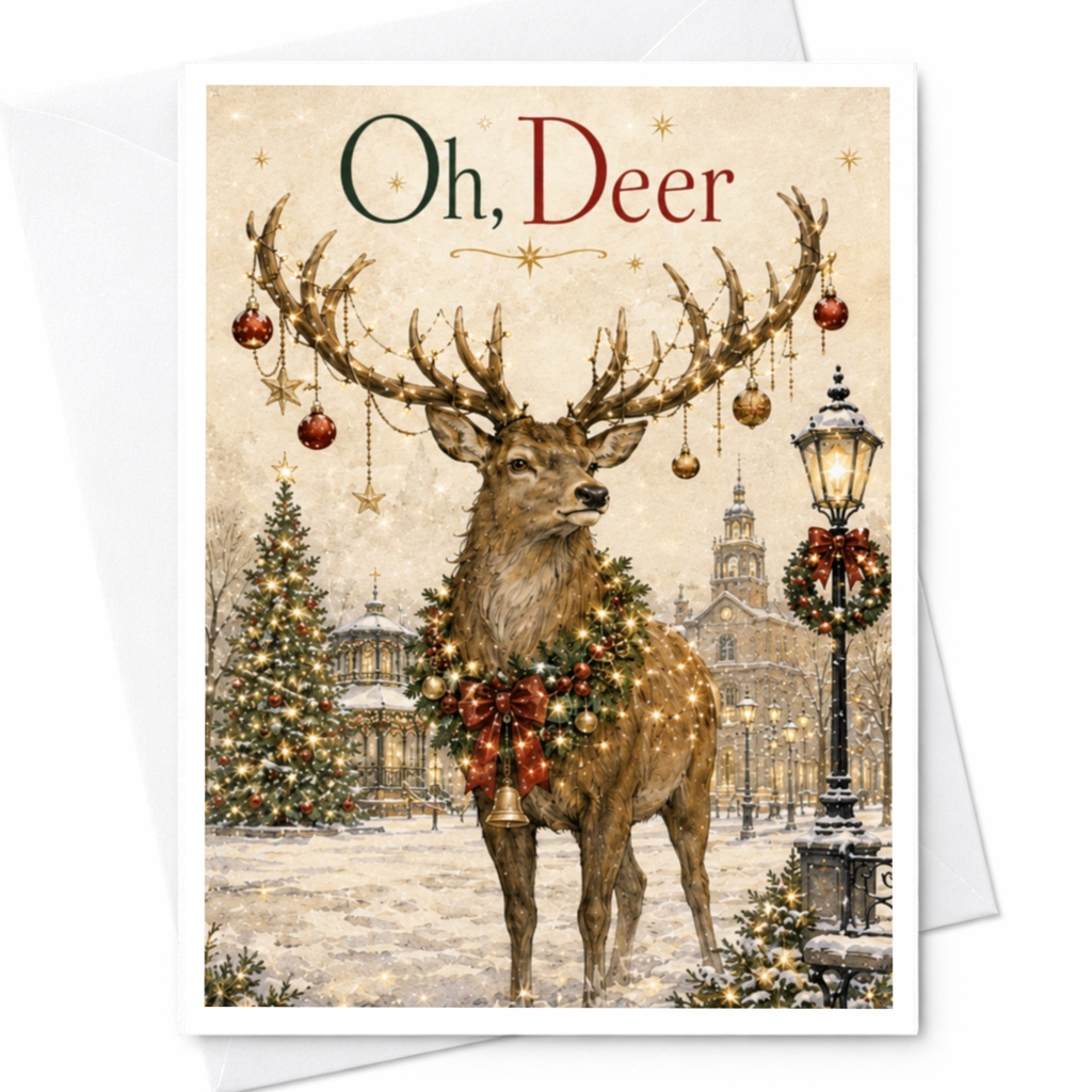 Oh, Deer Christmas Card Festive Holiday Greeting Card Deer With Decorations Winter Scene For Friends Family Cute C5842