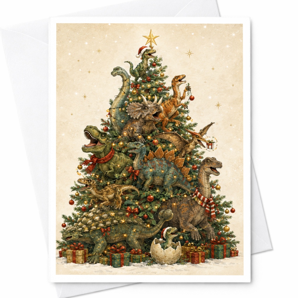 Dinosaur Christmas Tree Card Funny Holiday Greeting Card For Kids Dino Lover Cute Festive Card With Dinosaurs Xmas Card C5844