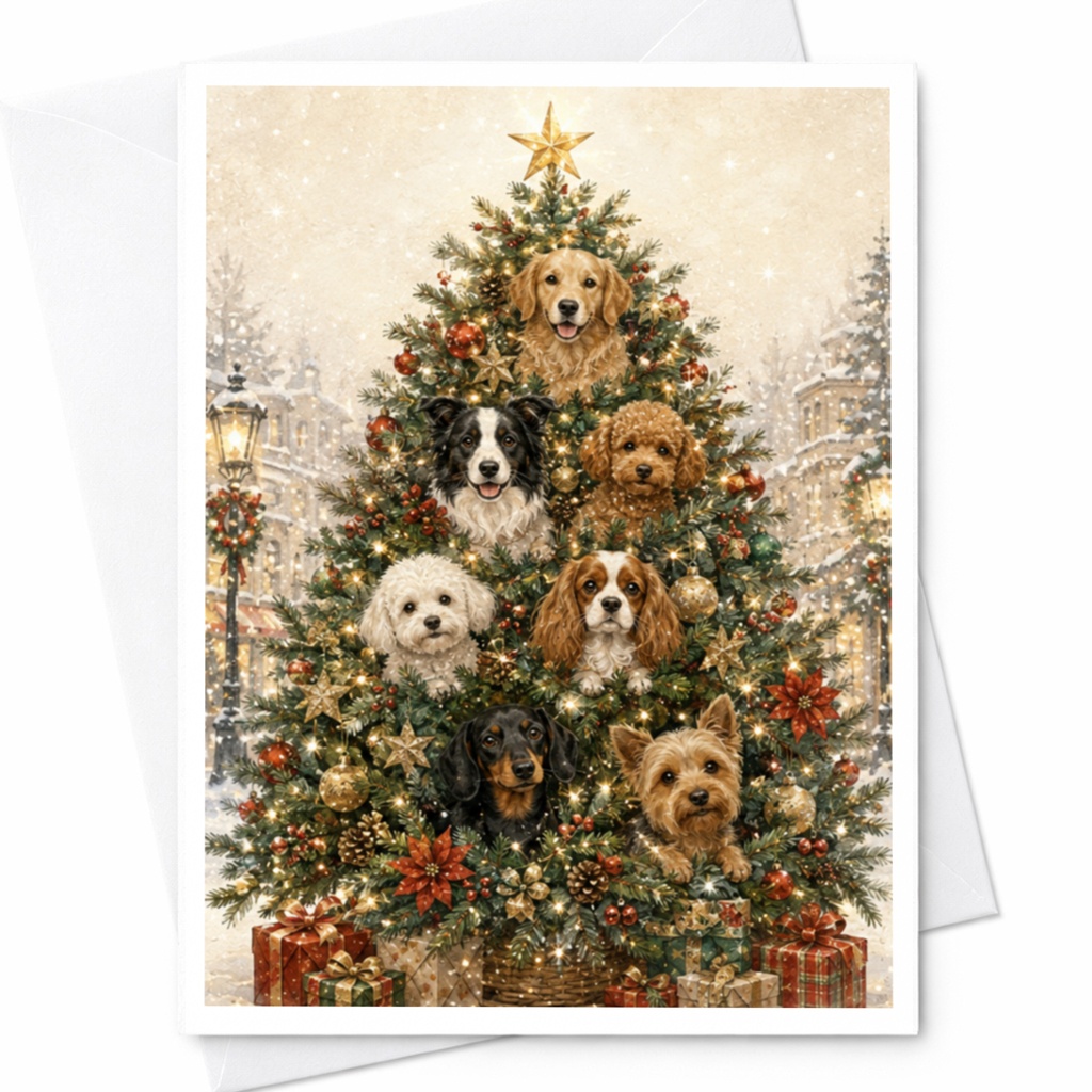 Dogs In Christmas Tree Card Cute Holiday Greeting Card For Dog Lovers Festive Canine Christmas Card Adorable Pet Lover Card C5847