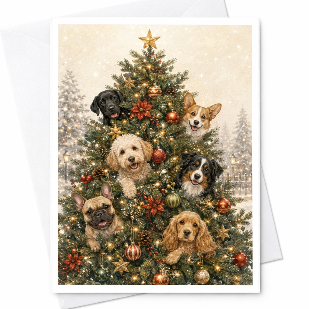 Dogs In Christmas Tree Card Cute Holiday Greeting Card For Dog Lovers Festive Christmas Card Animal Lover Seasonal Card C5848