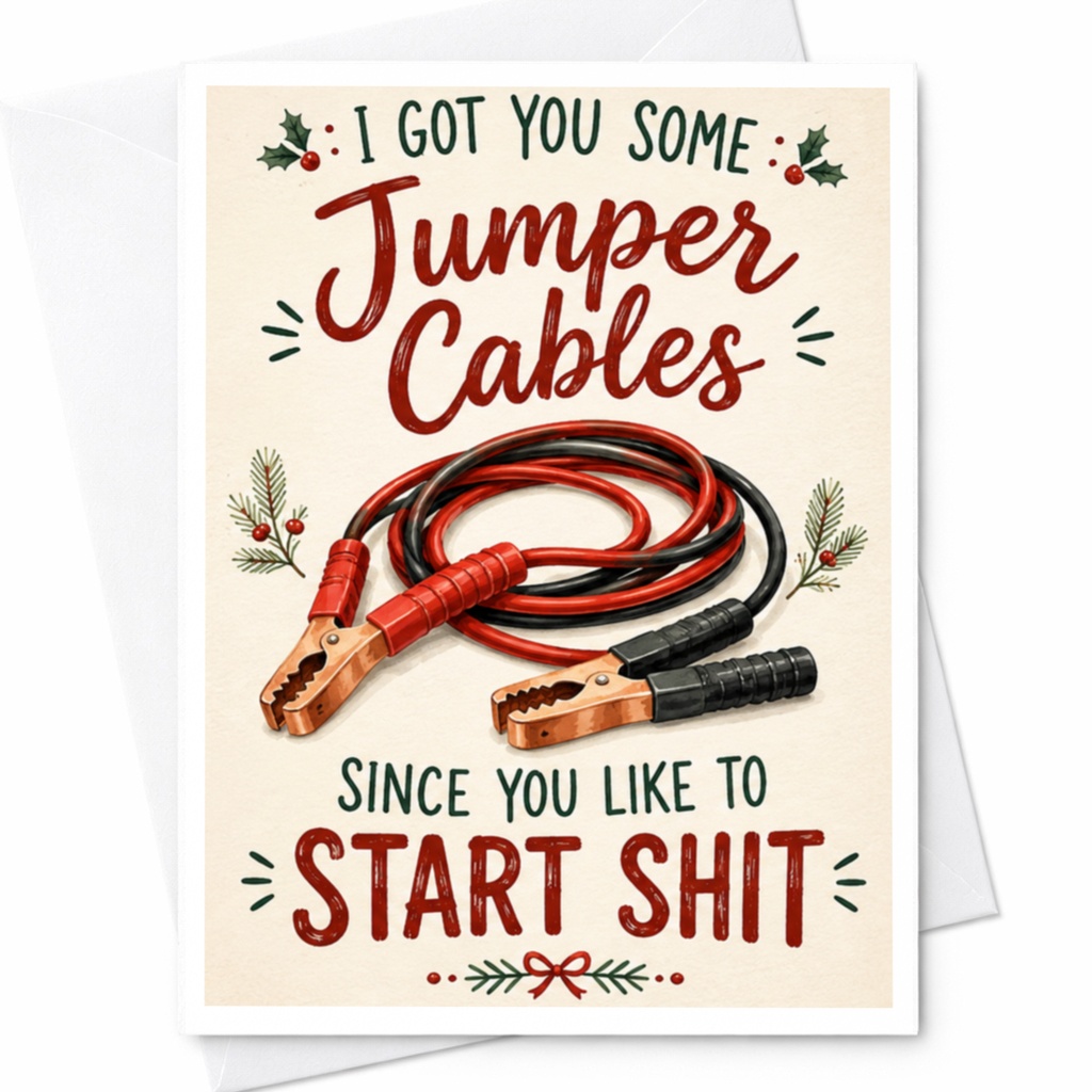 I Got You Some Jumper Cables Since You Like To Start Shit Funny Christmas Card Holiday For Friend Sarcastic Greeting Card C5849