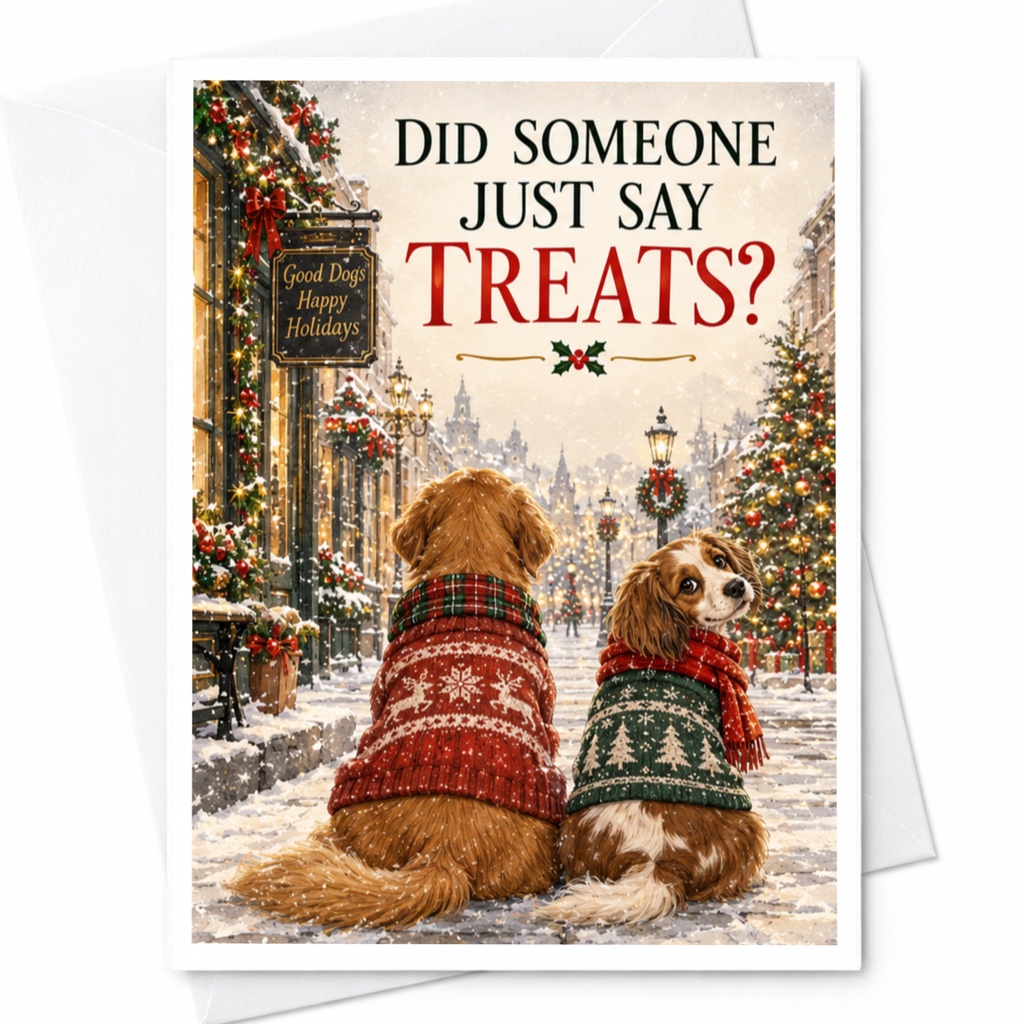 Did Someone Just Say Treats? Christmas Card Cute Dogs In Sweaters Holiday Greeting Card For Dog Lovers Festive Winter Scene C5853