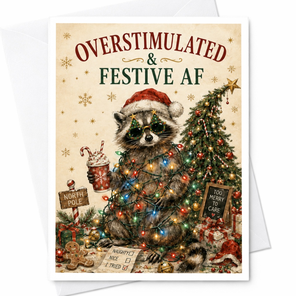 Overstimulated & Festive Af Funny Christmas Card Raccoon Holiday Greeting Card Cute Animal Xmas Card For Friends Family C5863