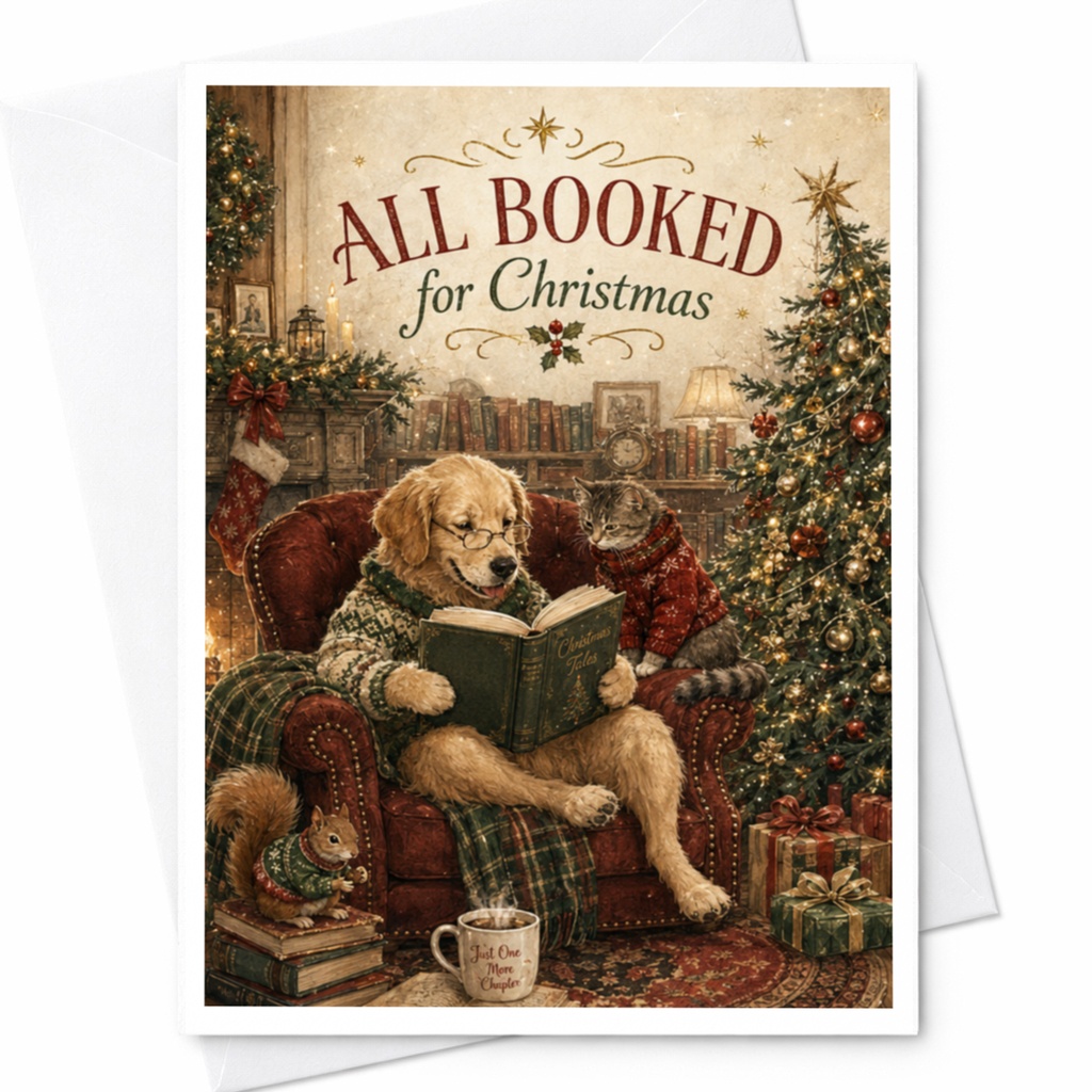 All Booked For Christmas Cute Christmas Card Dog Cat Reading Holiday Greeting Card Animal Lover Festive Winter Card C5866